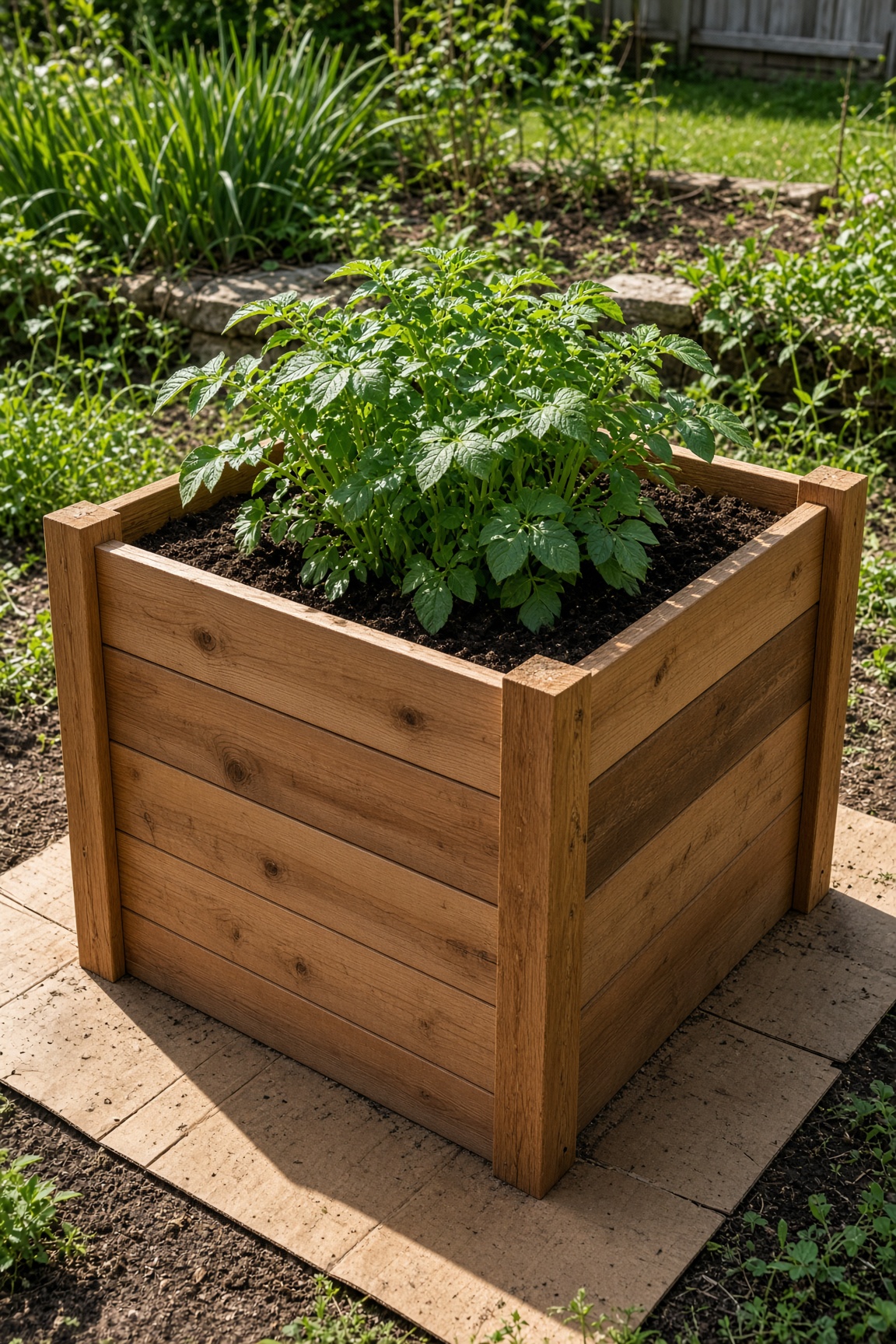 A wooden potato grow tower with healthy potato plants in a garden