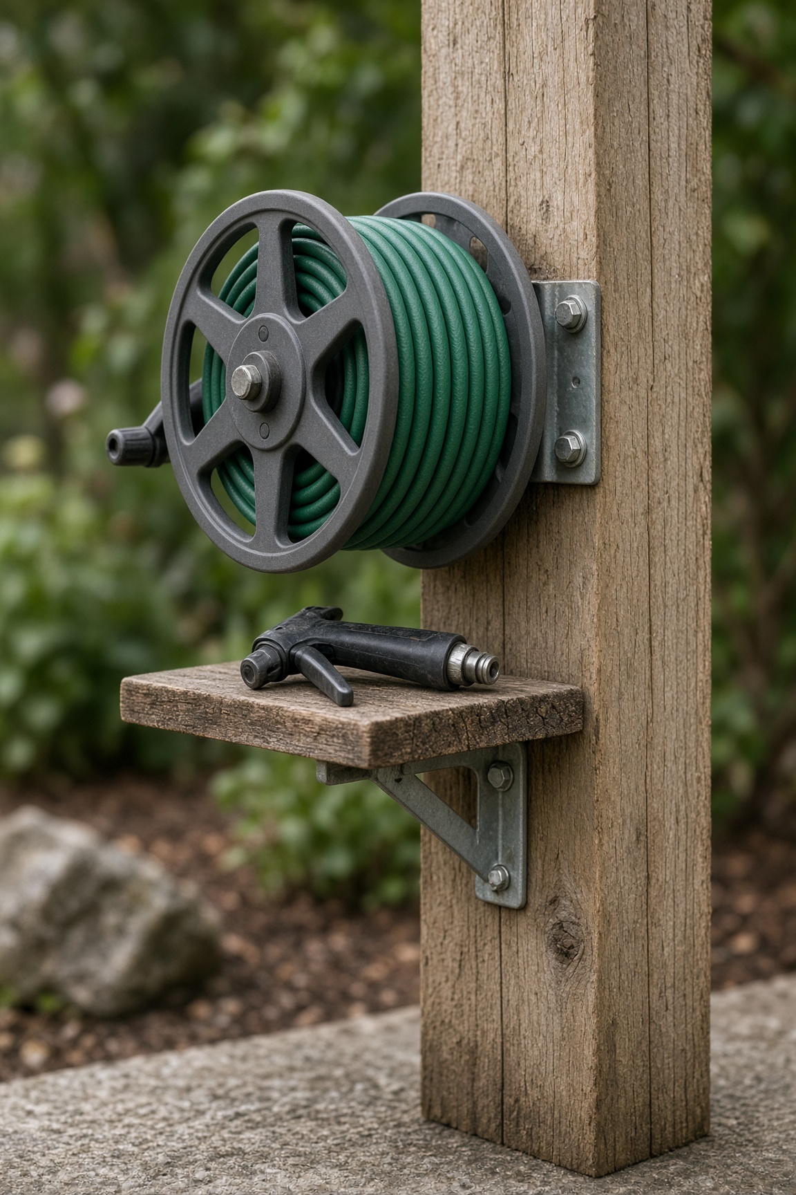 Close-up of a hose reel and shelf bracket mounted on a weathered 4x4 post