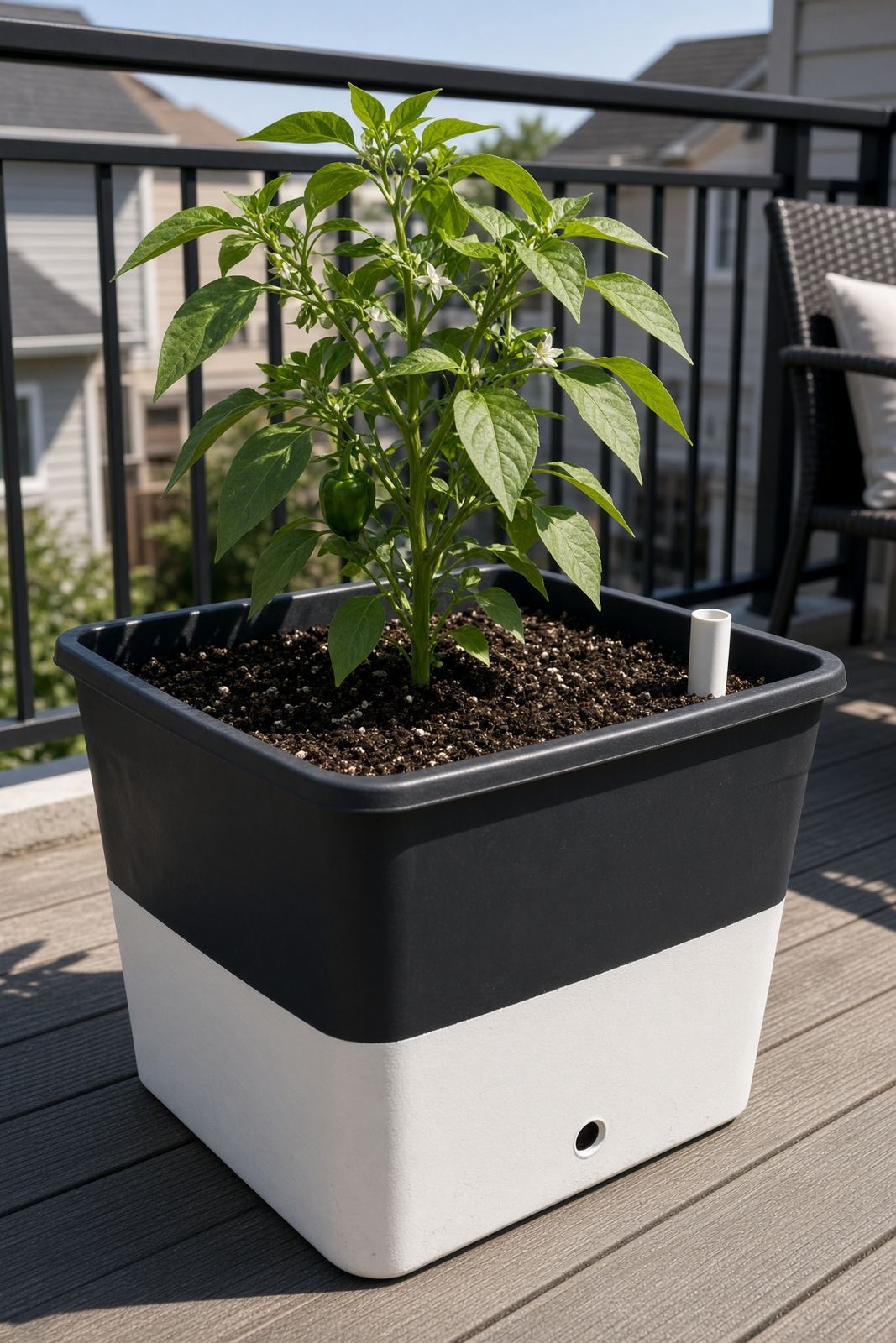 A black and white self-watering SIP on a patio deck with a pepper plant