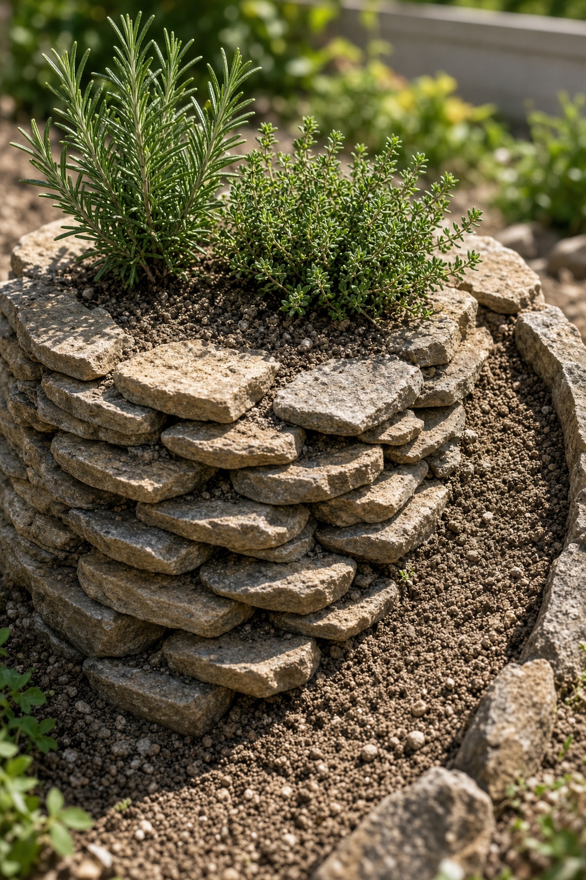 Close-up of a stone herb spiral planted with rosemary and thyme at the top