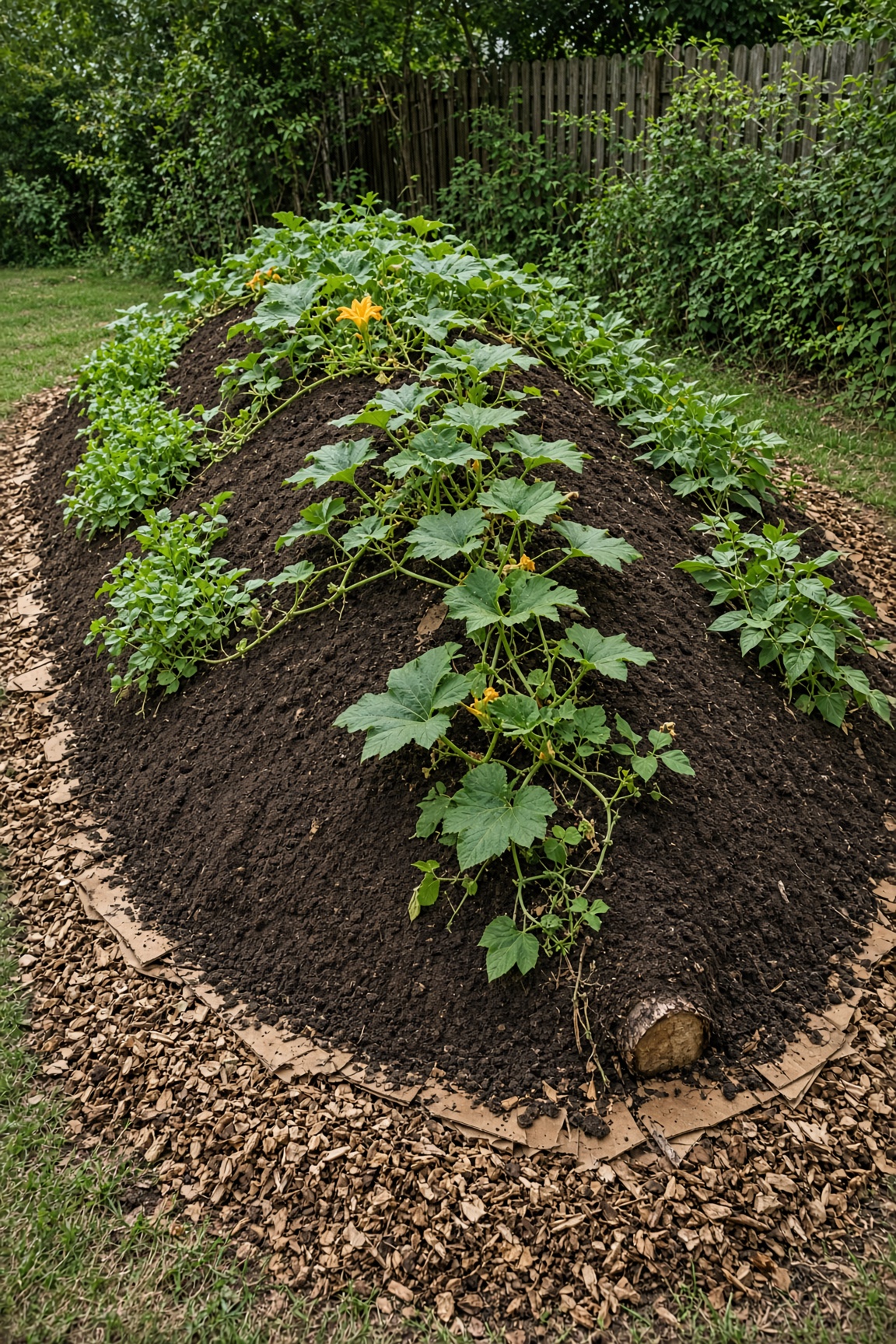 A finished hugelkultur mound in a backyard, planted with squash vines and peppers, edged with cardboard and wood chips