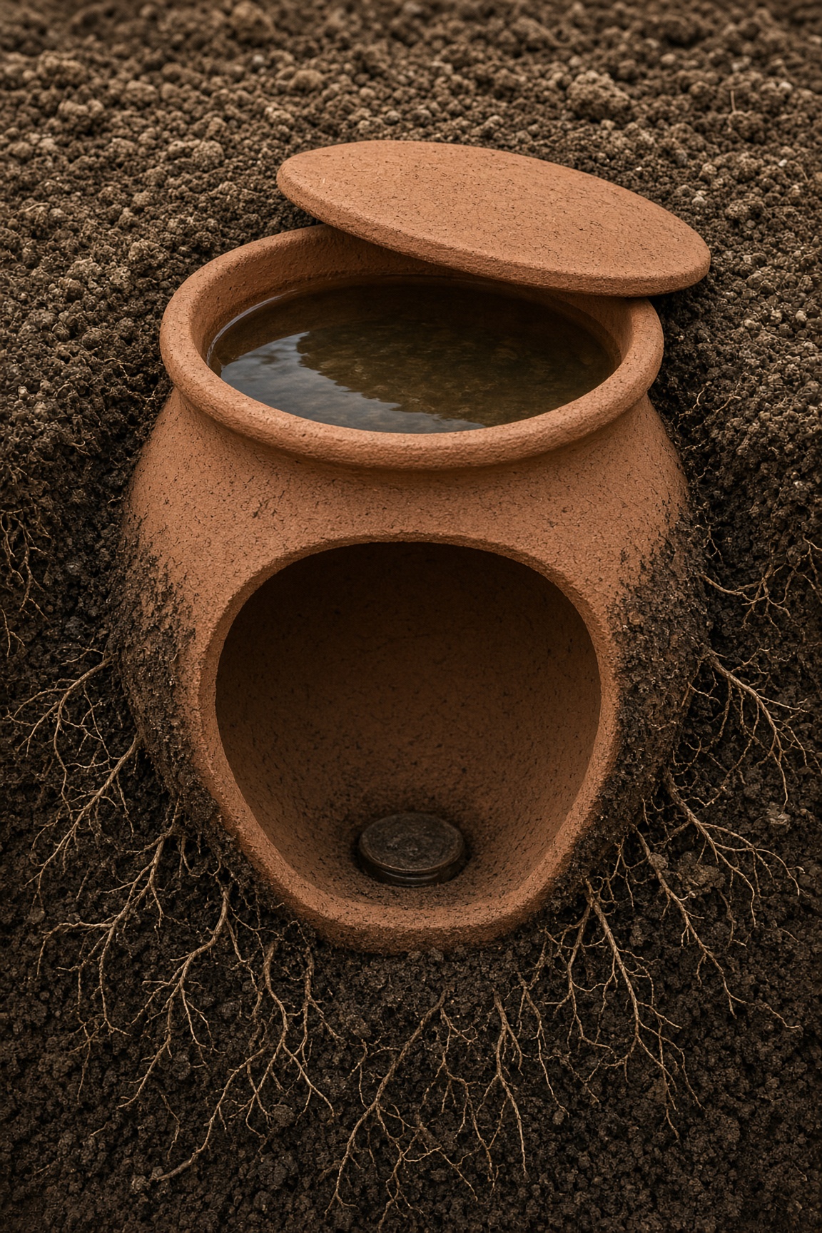 Top-down view of an olla opening covered by a matching clay lid to reduce evaporation
