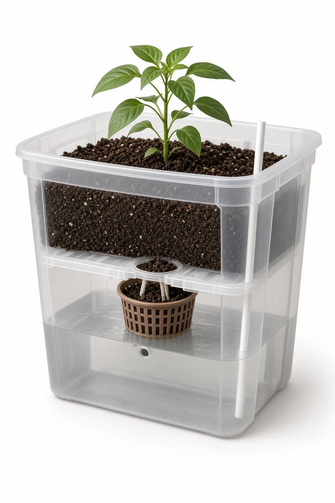 Cutaway of an 18-gallon tote SIP showing the reservoir, false floor, and wicking basket