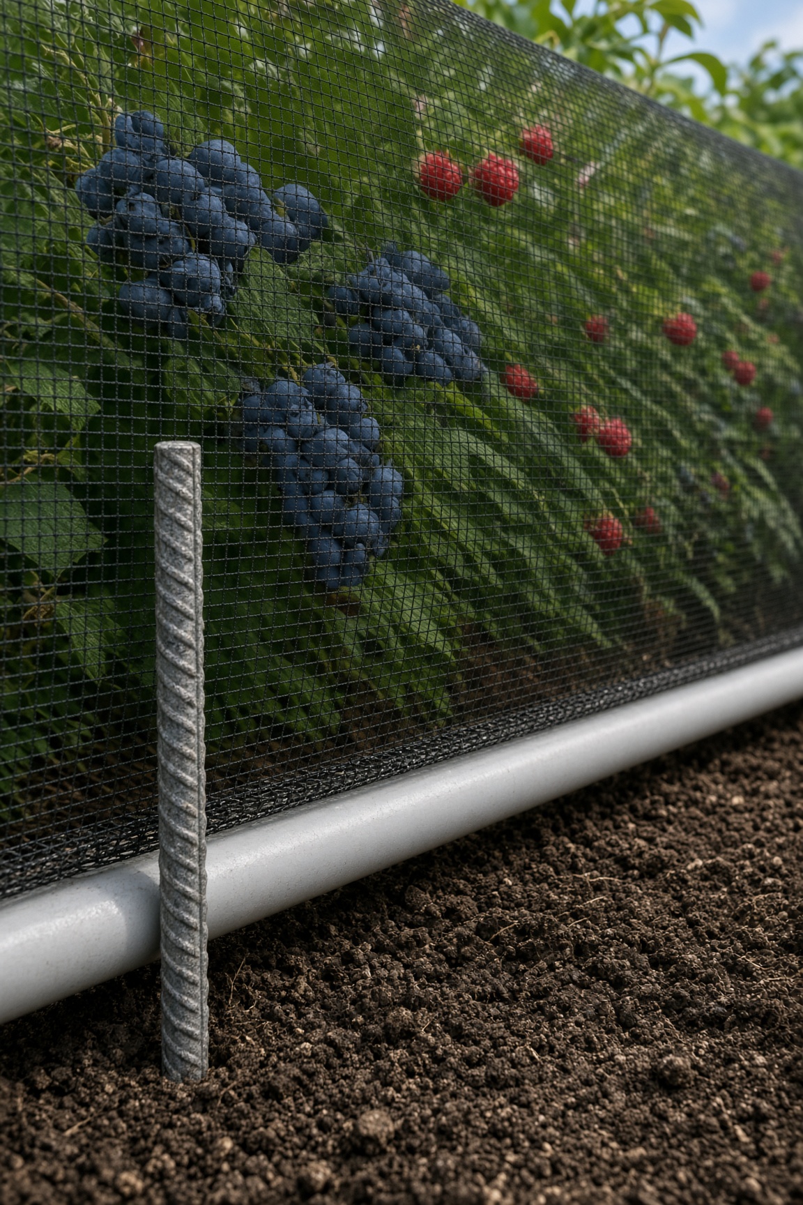 Netting skirt clipped tight to the soil at the base of the frame