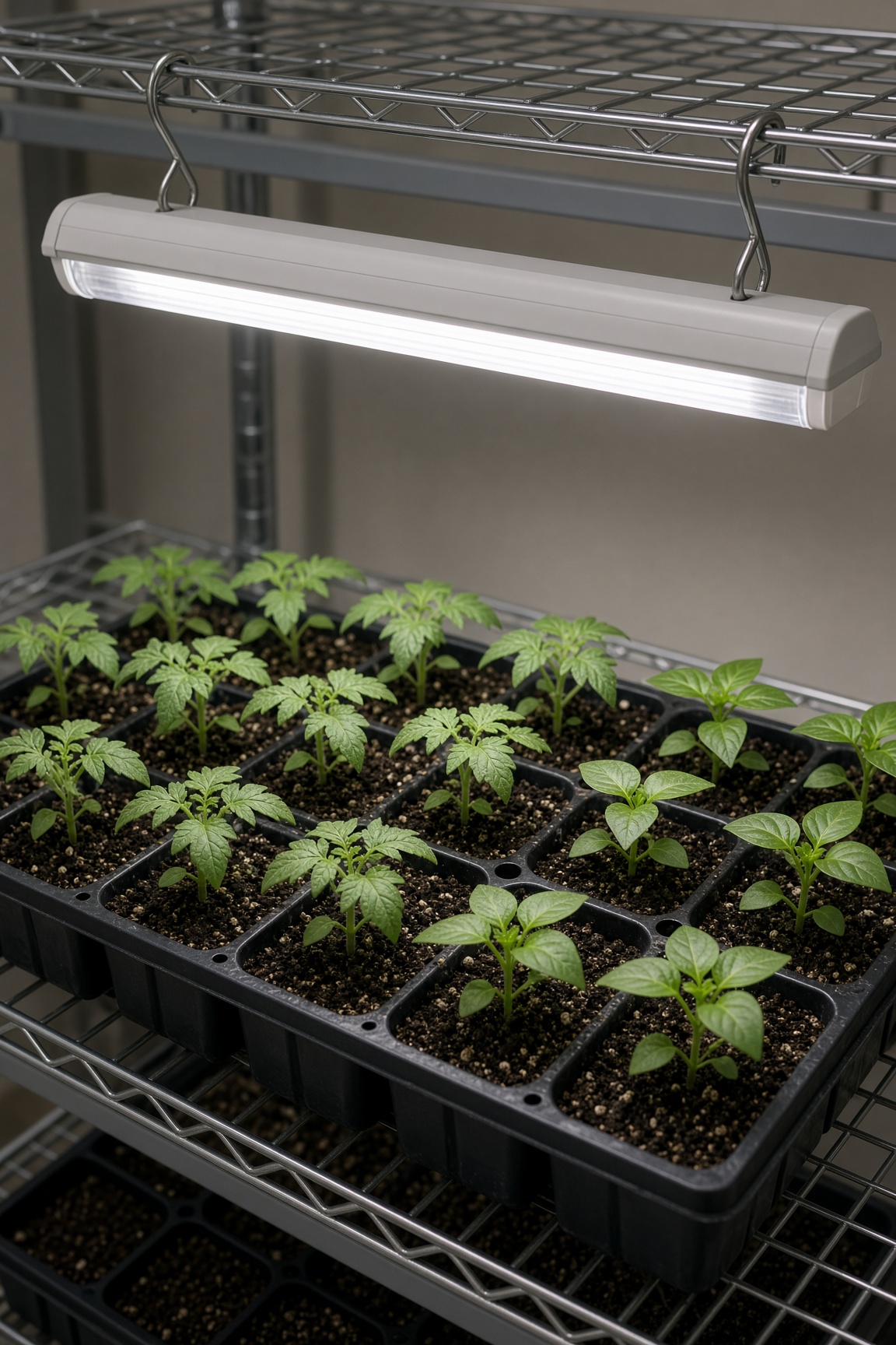 A close-up of tomato and pepper seedlings under a 4 ft LED shop light on a wire rack