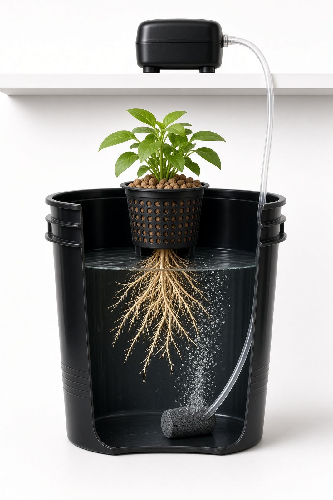 Cutaway of a DWC bucket: plant in a net pot with clay pebbles, roots hanging in nutrient water, air stone bubbling from an air pump
