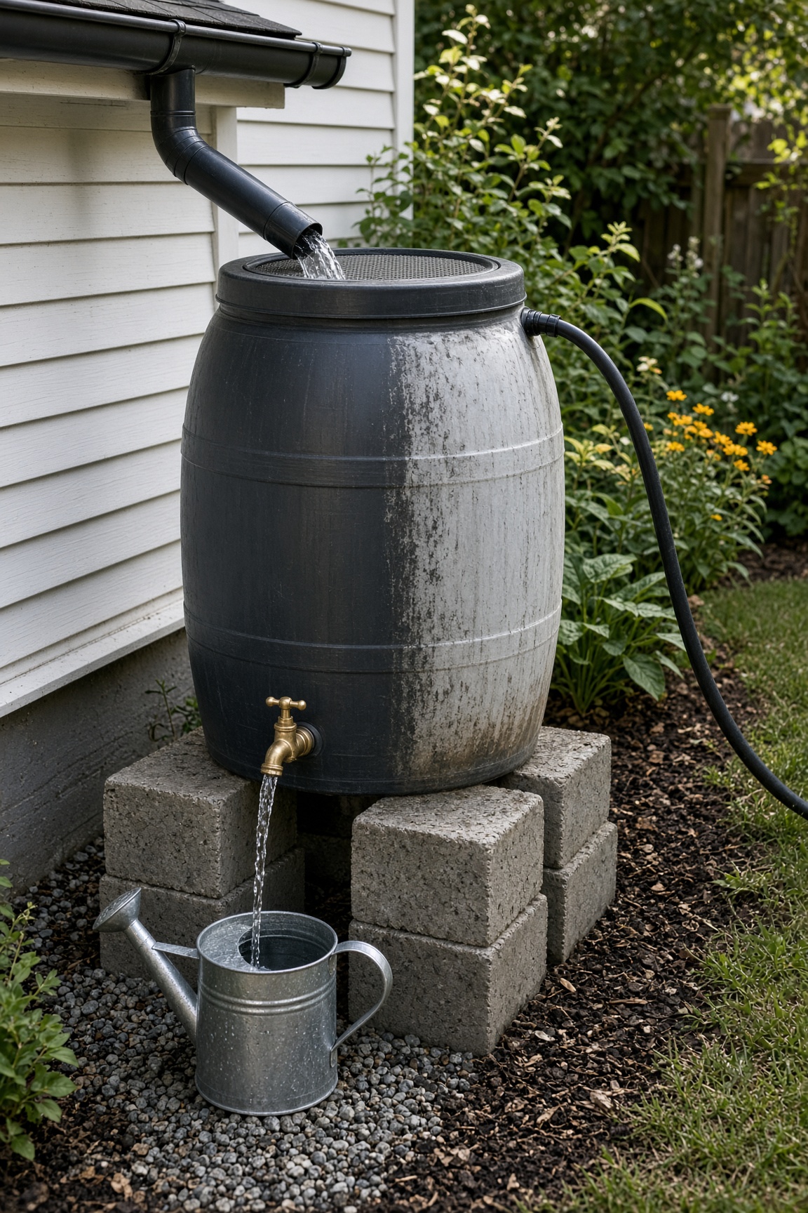 Rain barrel under a downspout on concrete blocks, water filling a watering can