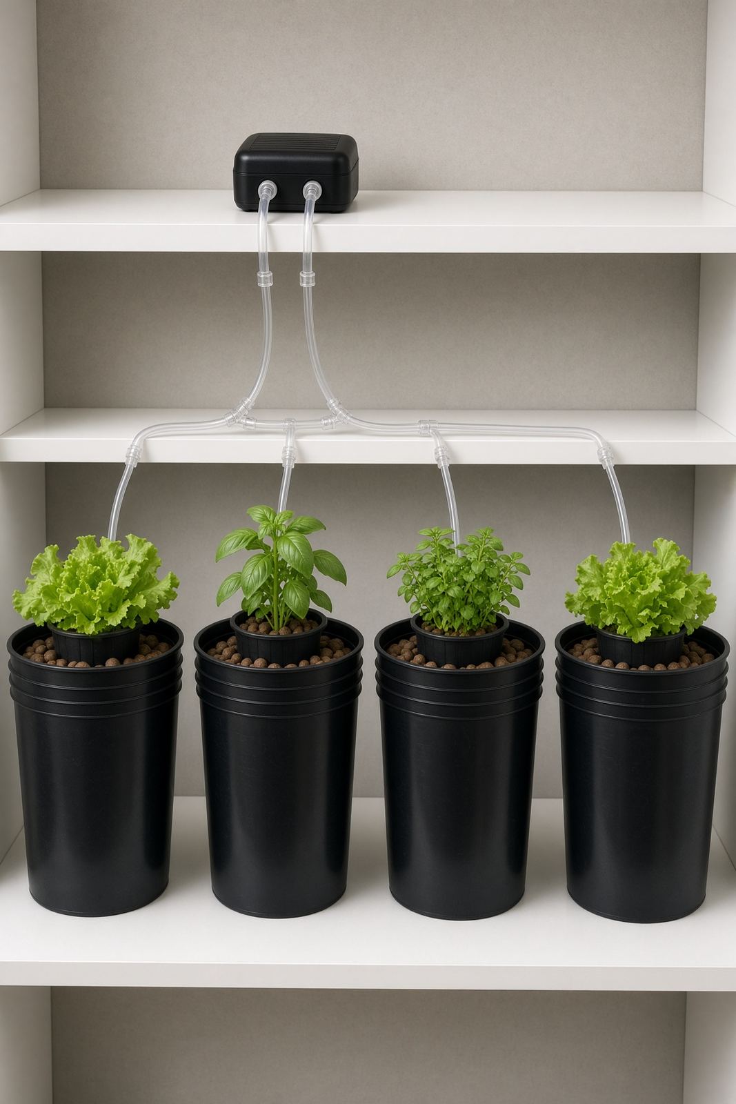 Four black DWC buckets on a shelf growing lettuce, basil and herbs, fed by one air pump with four airlines