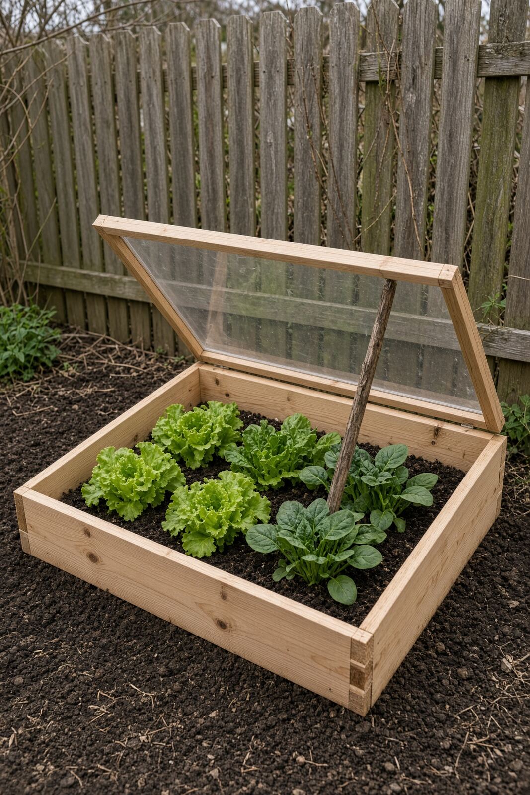 A simple wooden cold frame with its lid open in a garden bed beside a fence