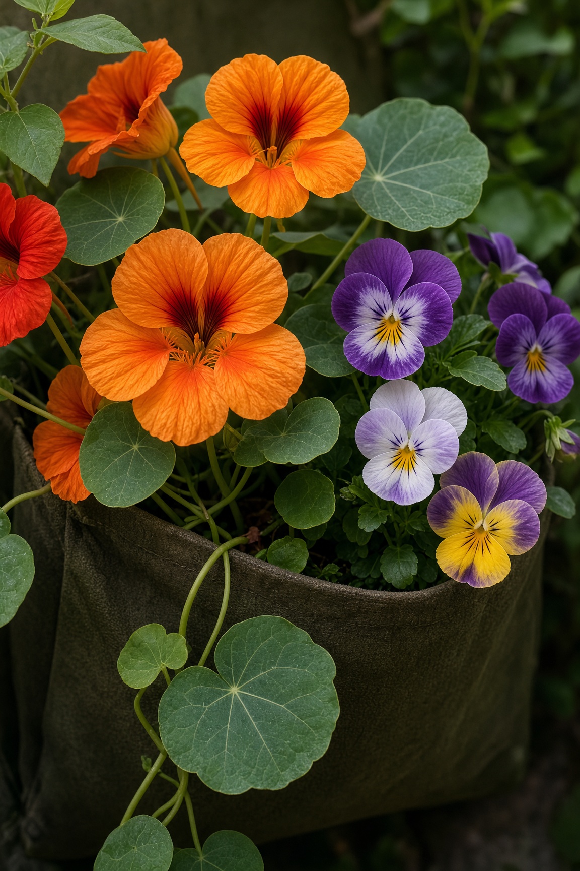 Nasturtiums and violas growing in a vertical tower pocket