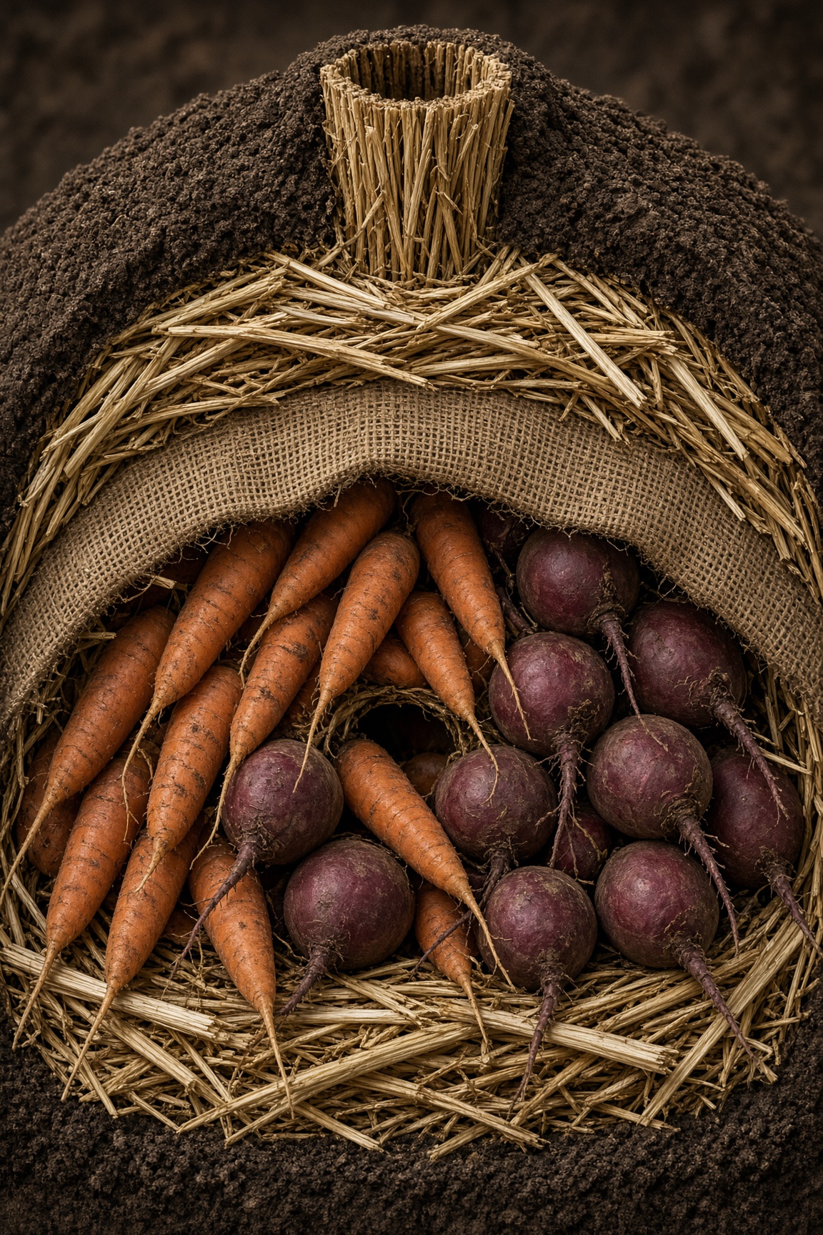 Carrots and beets stored in a straw-lined root crop clamp