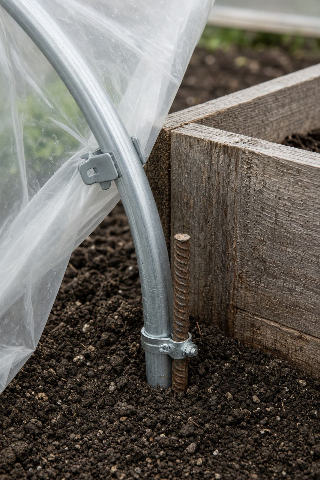 Close-up of a hoop clamped to a rebar stake at the corner of a raised bed