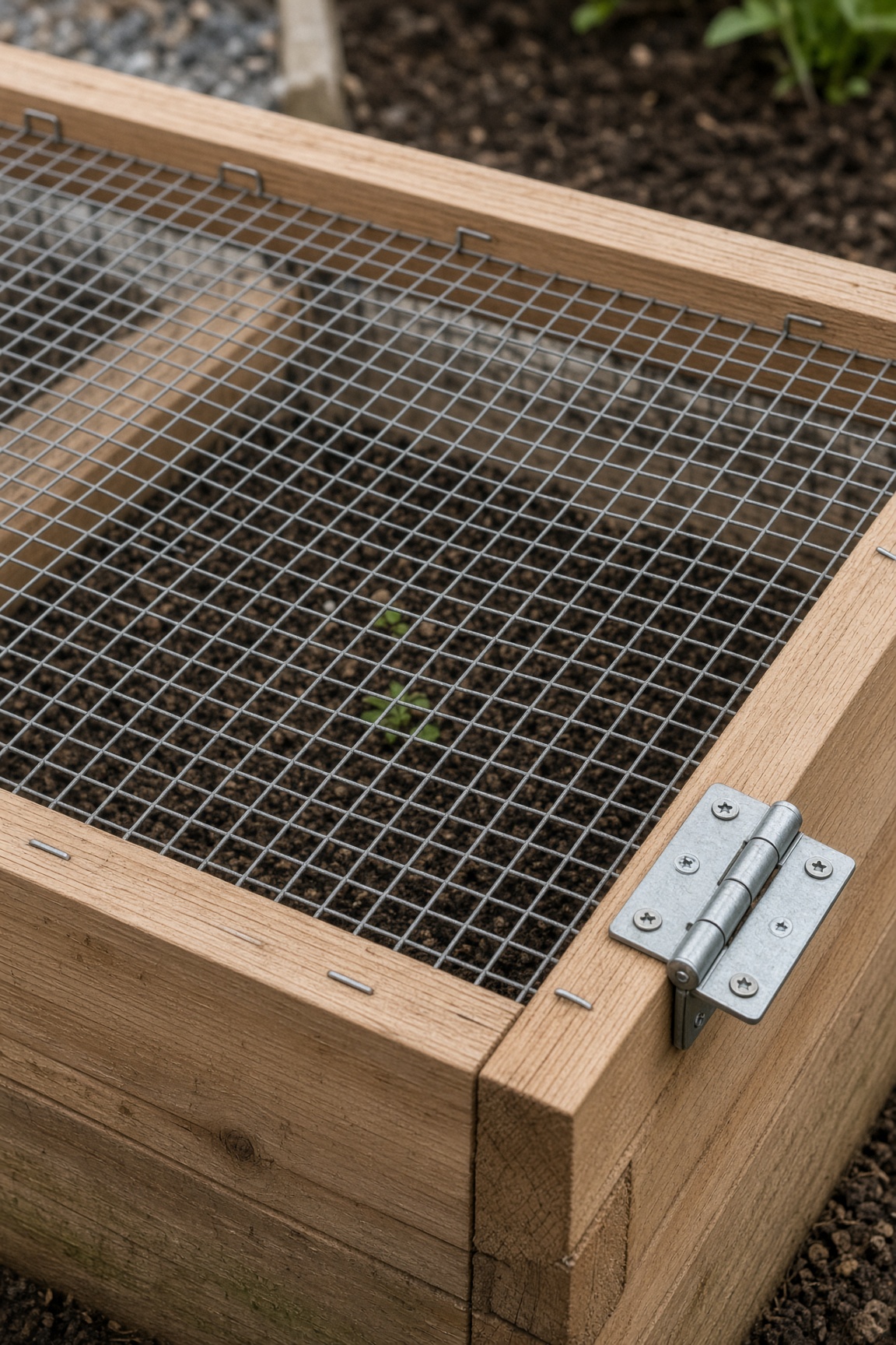 Close-up of a galvanized hinge and 1/2 inch hardware cloth stapled to the outside of a cedar frame