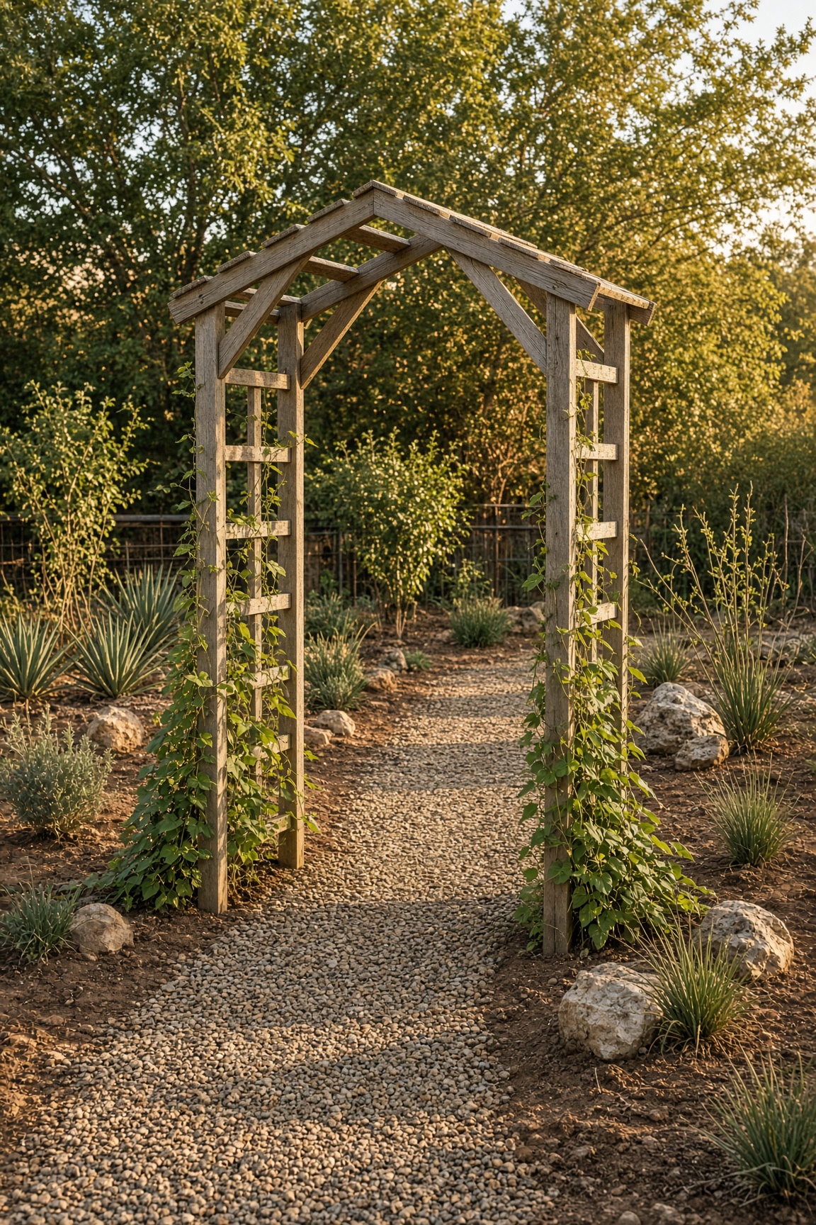 A wooden garden arch with lattice-style side panels and a peaked roof, covered in climbing vines