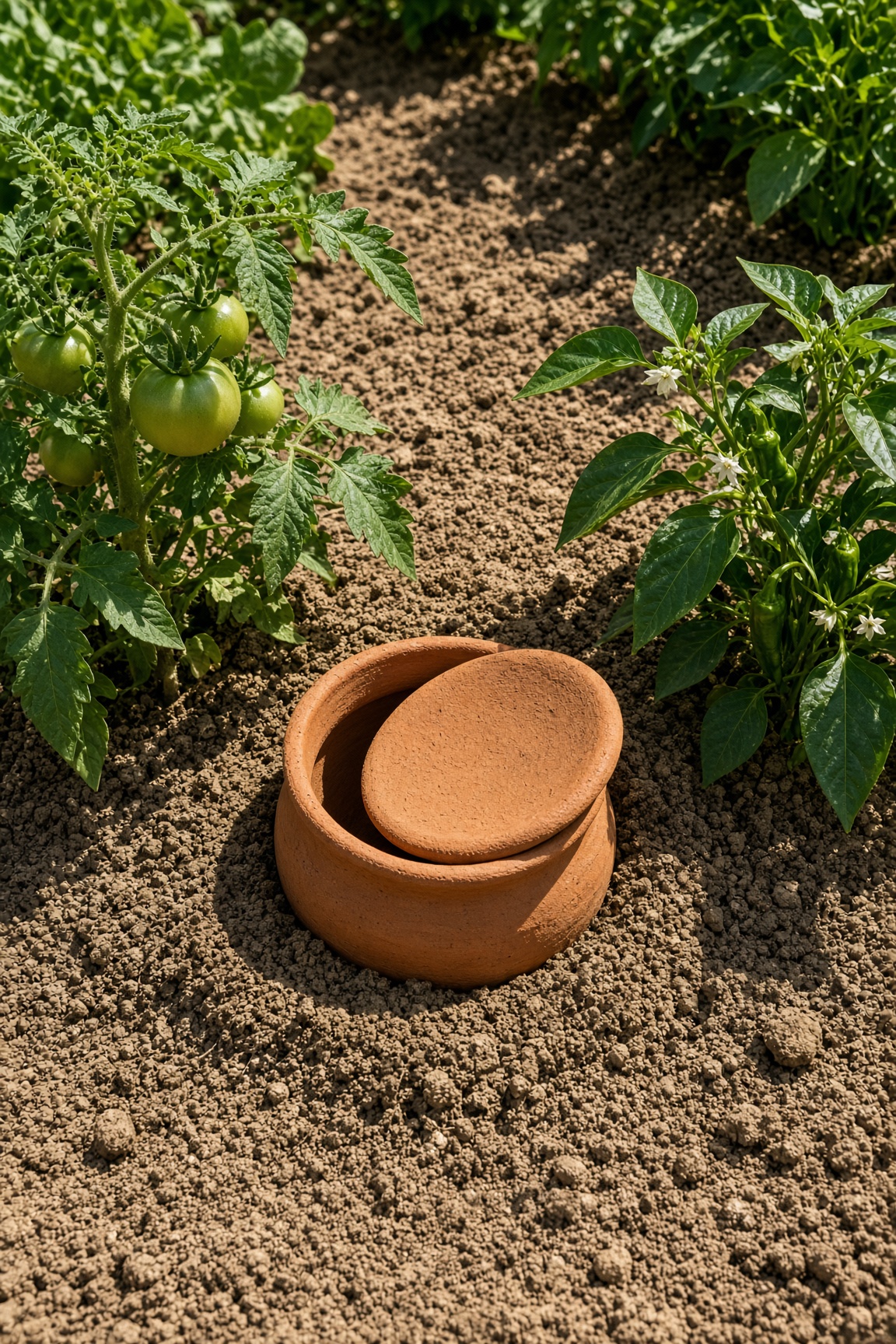 A terracotta olla buried between tomato and pepper plants in a garden bed