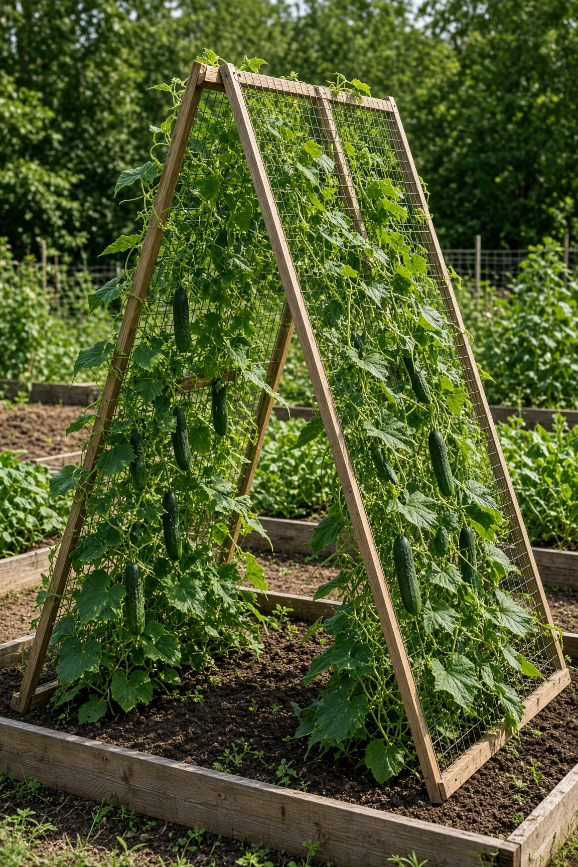 A wooden A-frame cucumber trellis covered in climbing vines and cucumbers in a raised bed