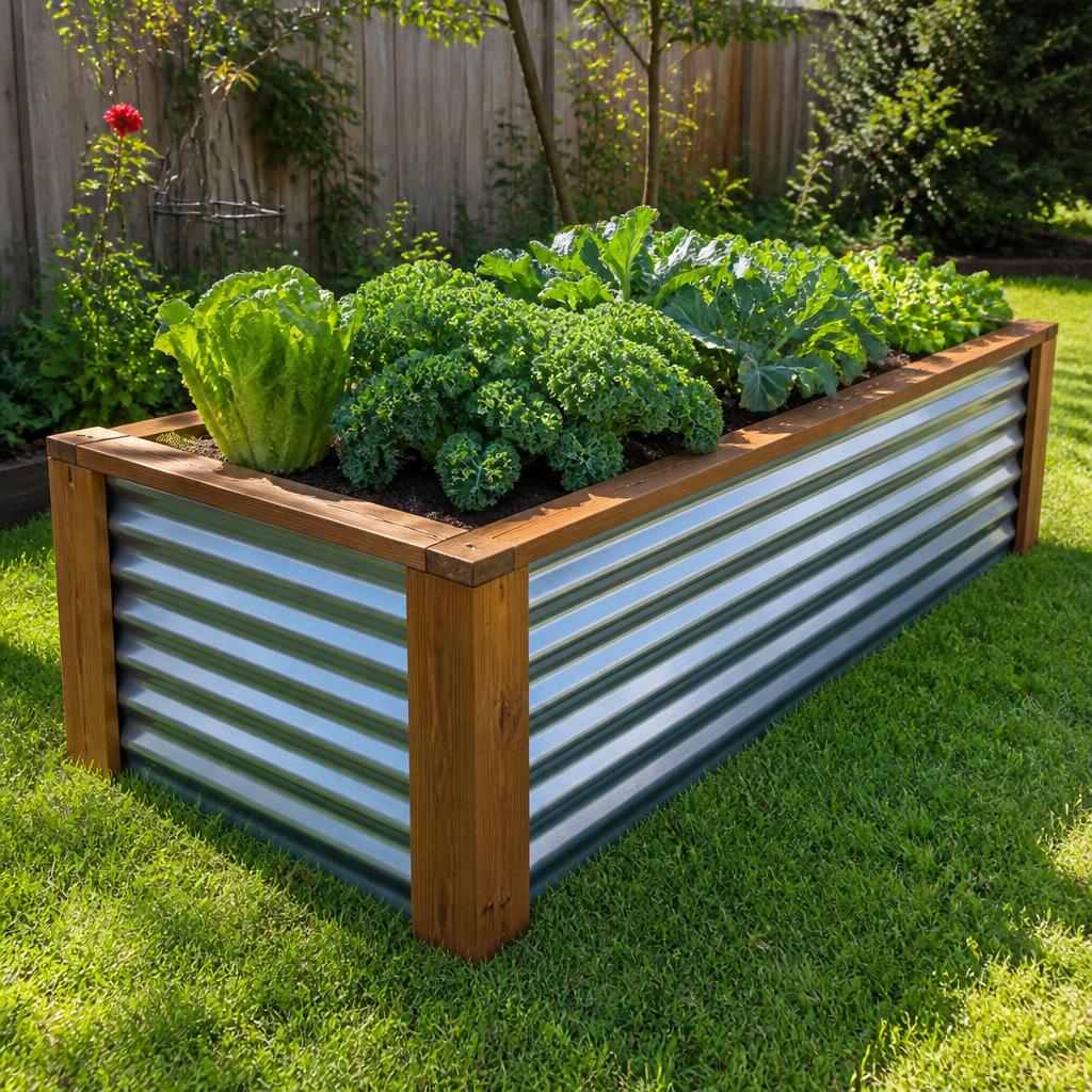 A finished corrugated metal raised bed with lettuce and vegetables