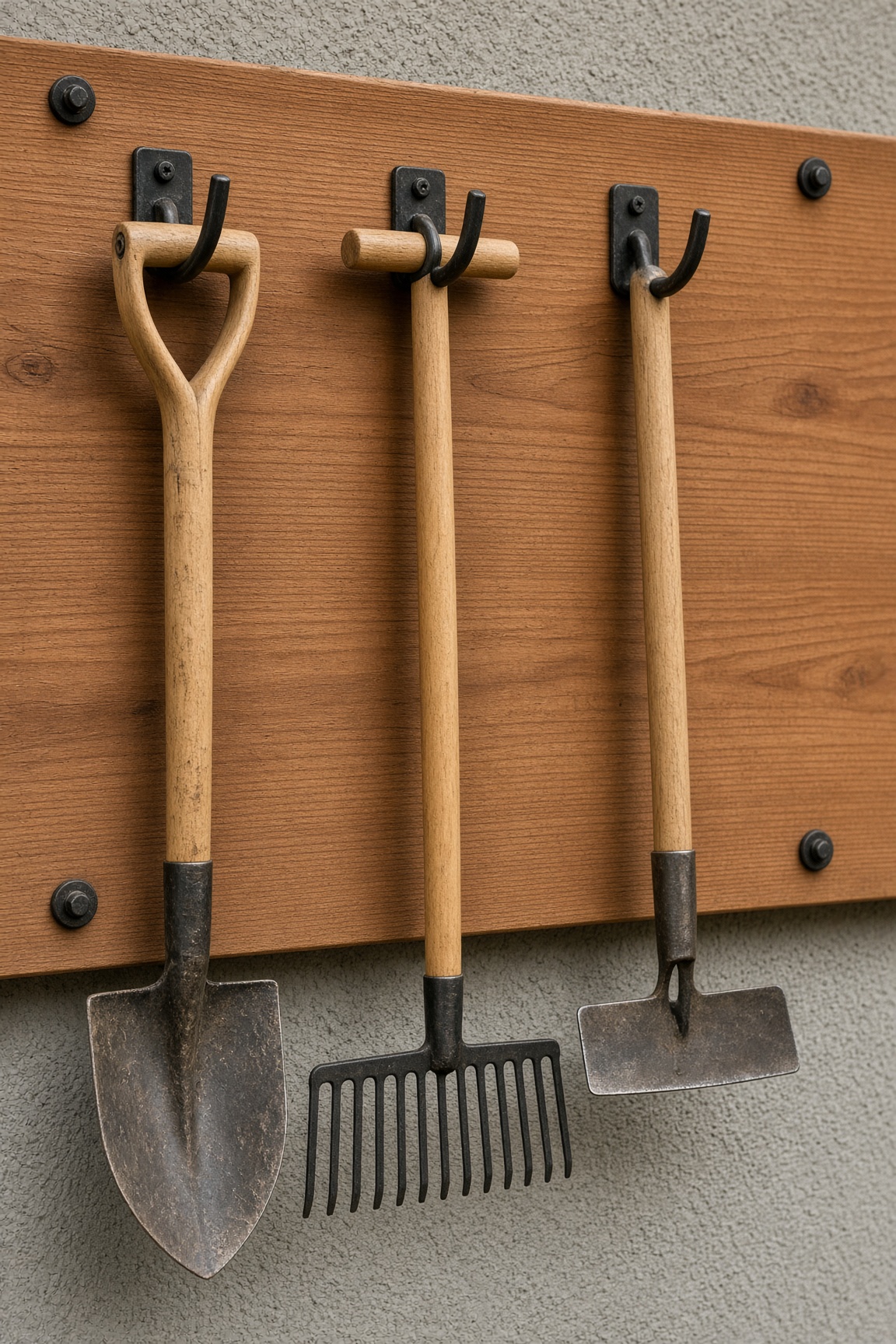 A clean wooden tool board with three hooks holding a shovel, rake, and hoe