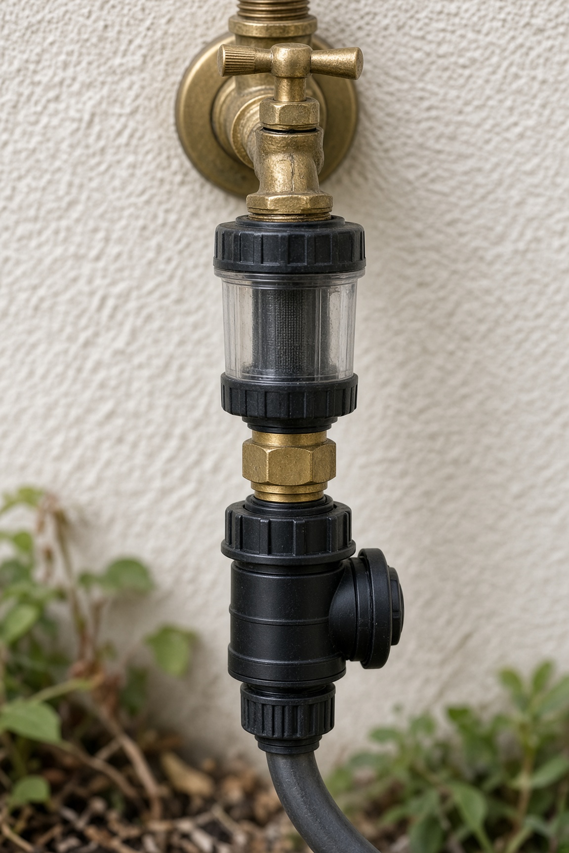 Backflow preventer, filter, regulator and timer assembly on a hose bib