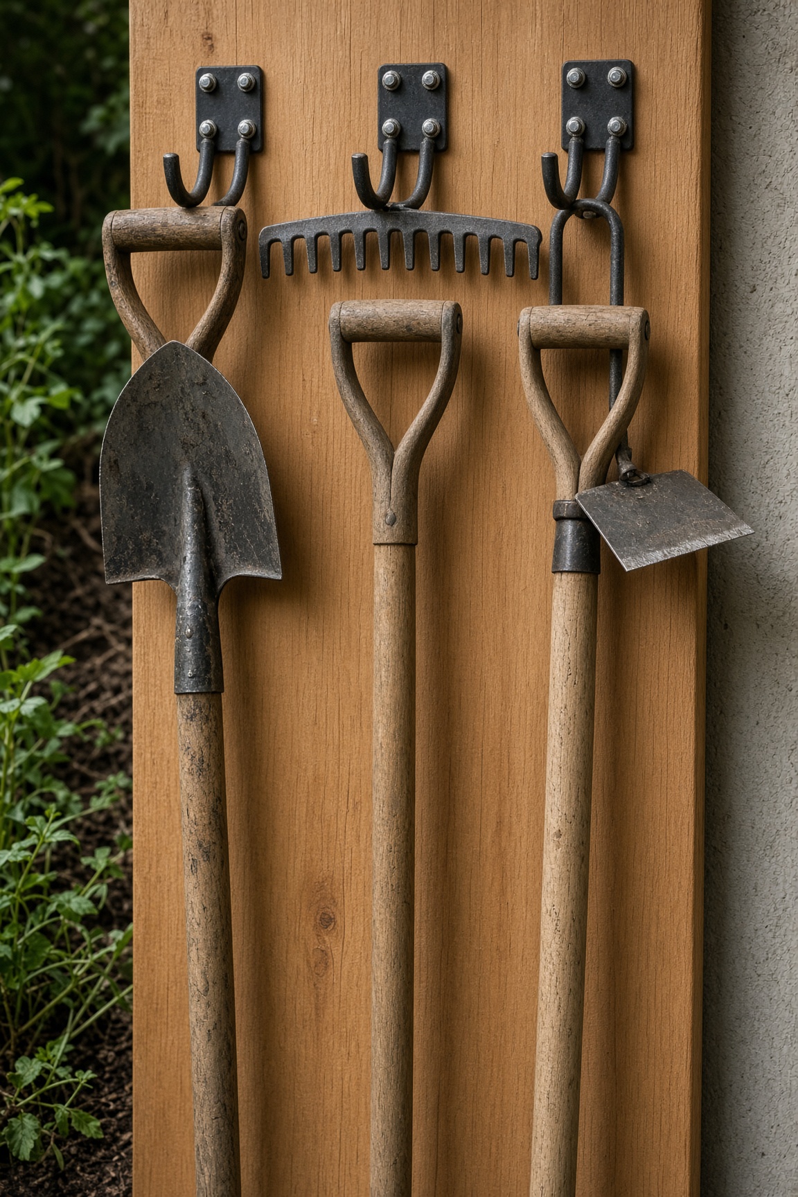 Shovel, rake, and hoe hanging on outdoor hooks mounted to a wooden board