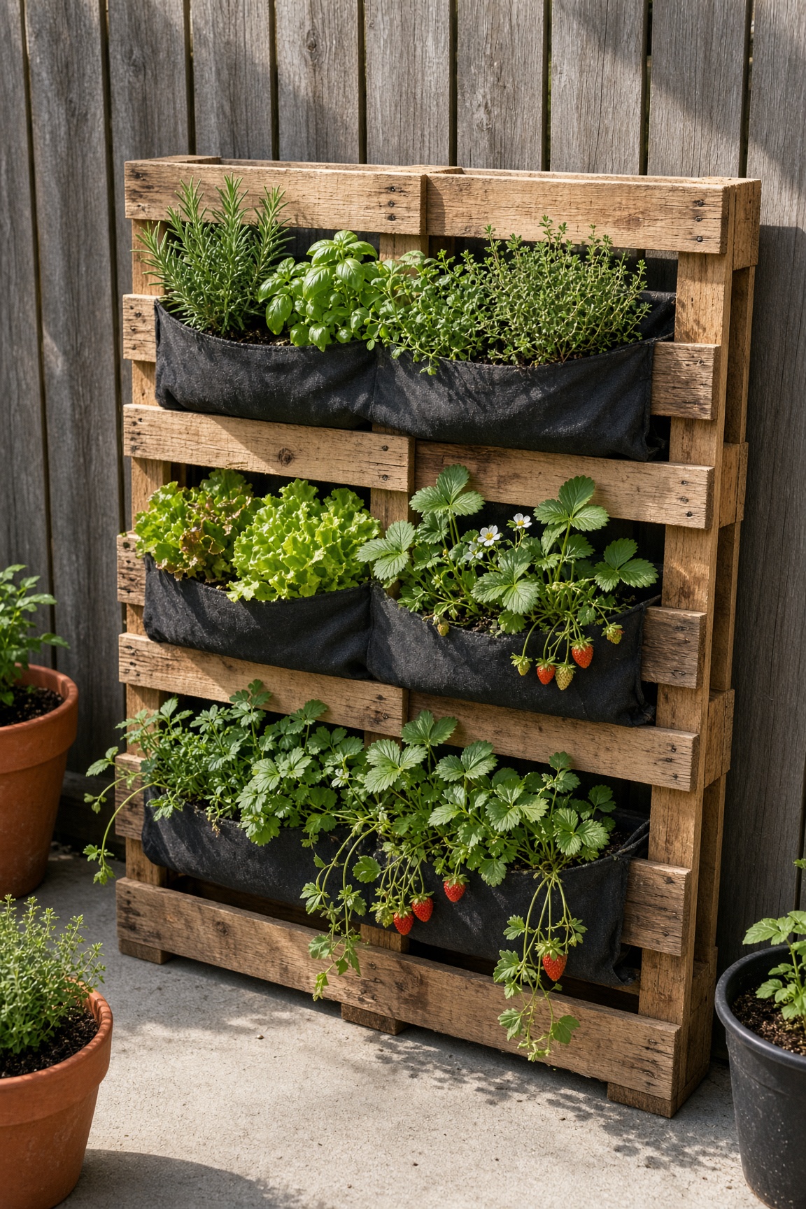 A pallet vertical garden planted with herbs, lettuce, and strawberries