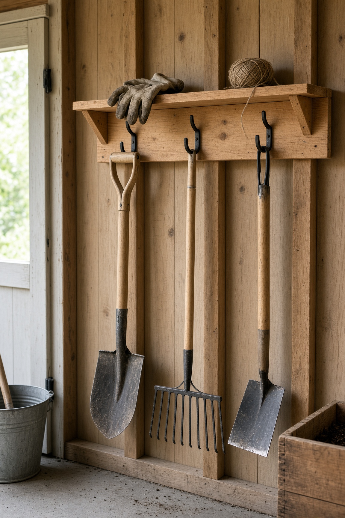 A wooden shed wall with a shelf, hooks, and garden tools neatly stored