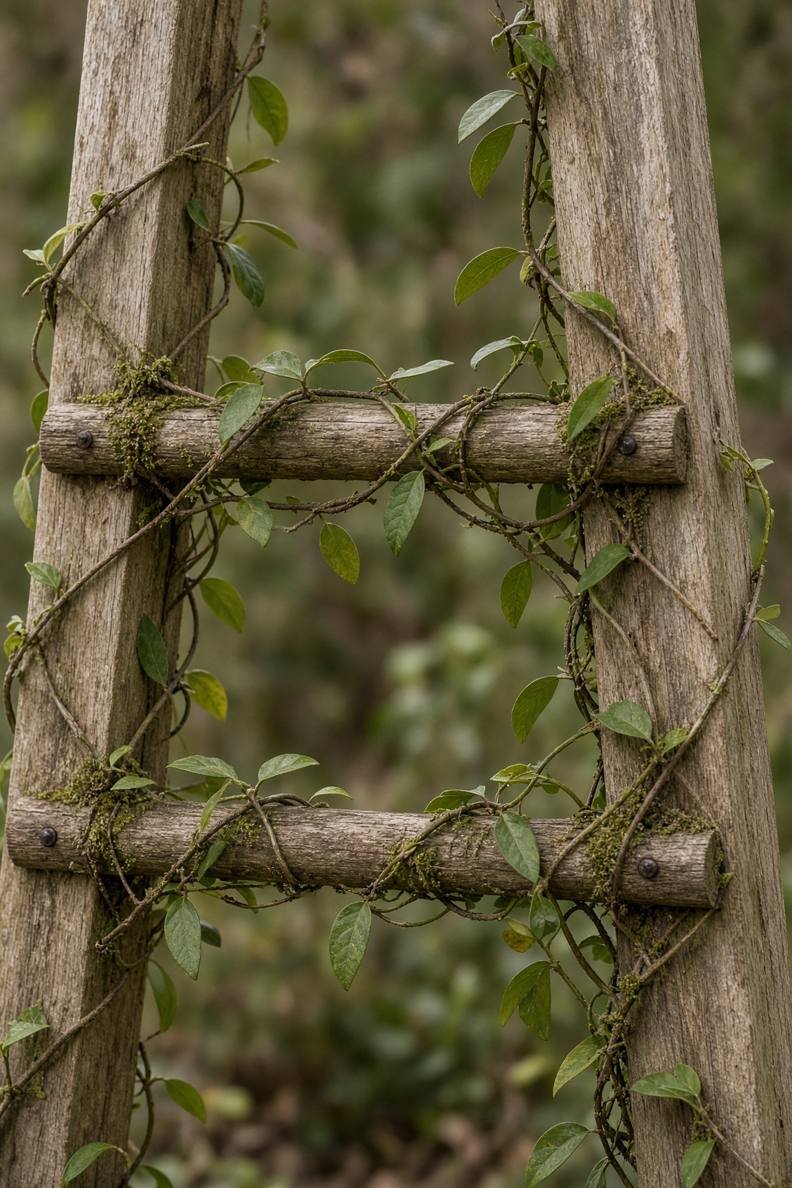 Close-up of a weathered wood cross-rung joint screwed to an upright, wrapped in climbing vines