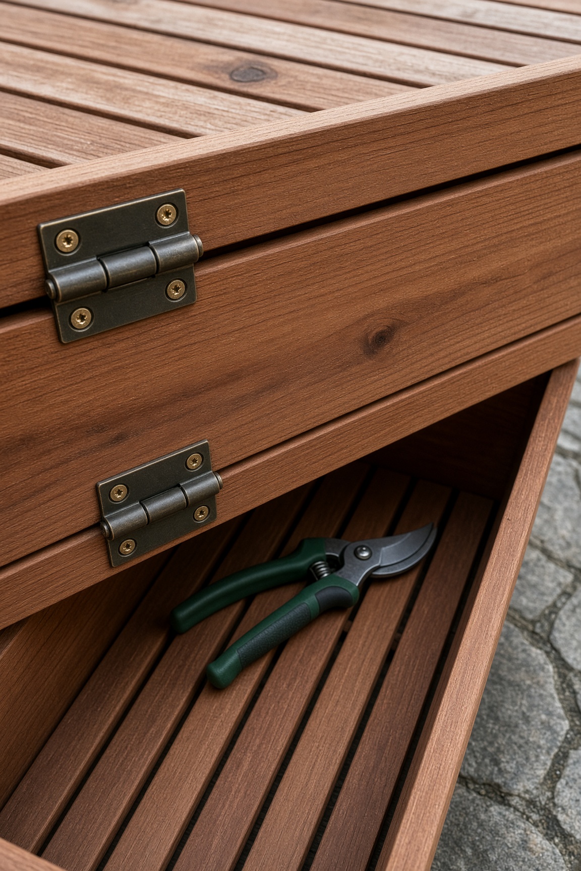 Close-up of exterior brass hinges on the slatted lid of a wooden storage bench