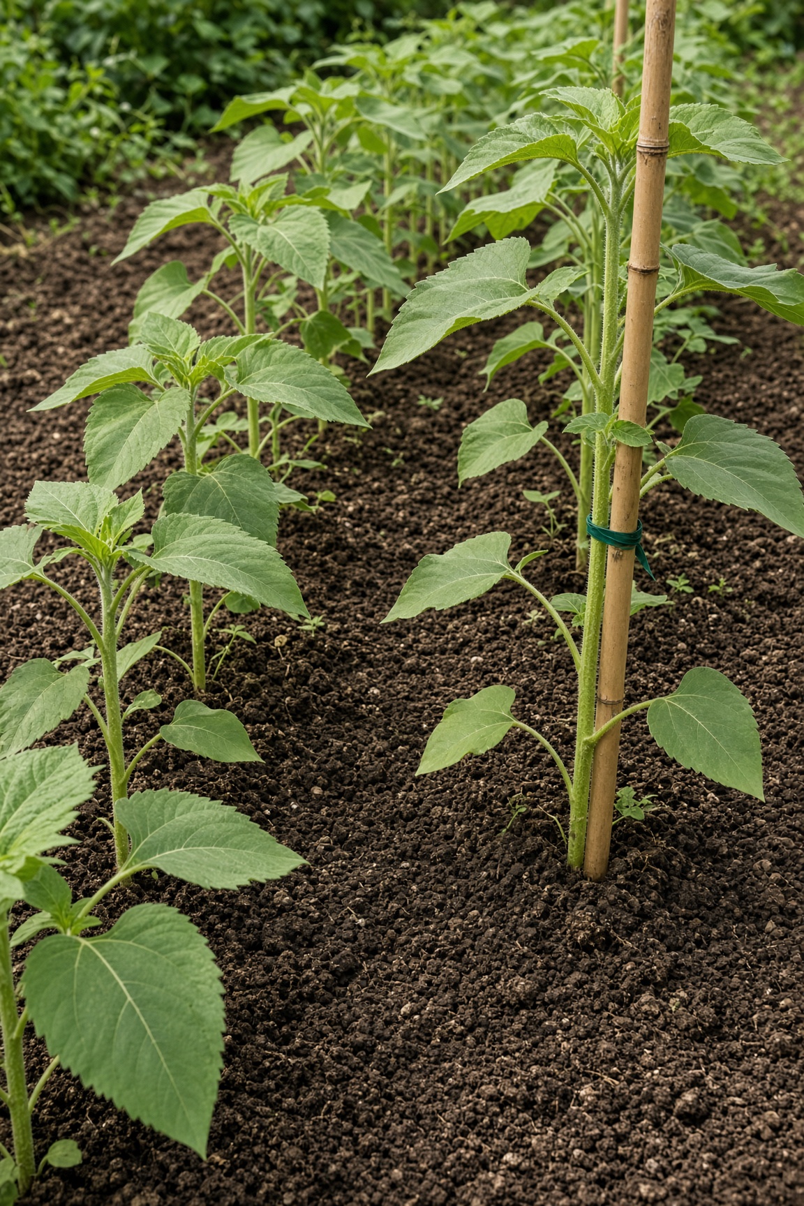 Young sunflower seedlings tied to bamboo stakes in dark garden soil
