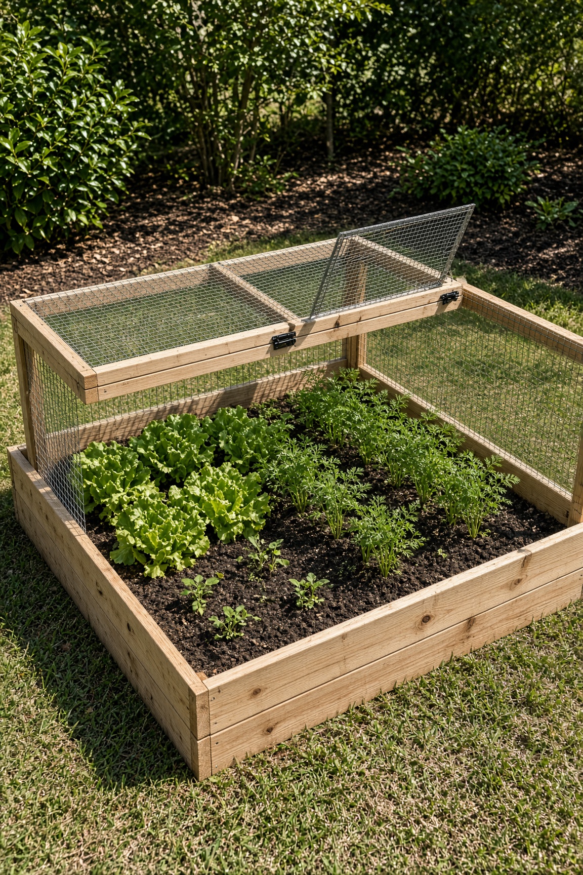 A cedar raised bed covered by a wood and hardware-cloth cage with a hinged lid open over lettuce and carrots