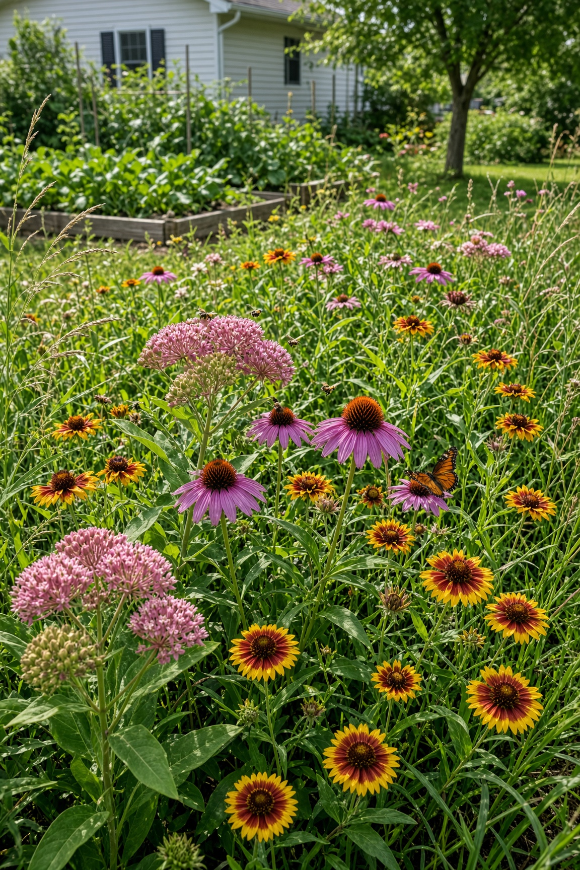 A sunny meadow patch with coneflowers, black-eyed susans, and other native flowers