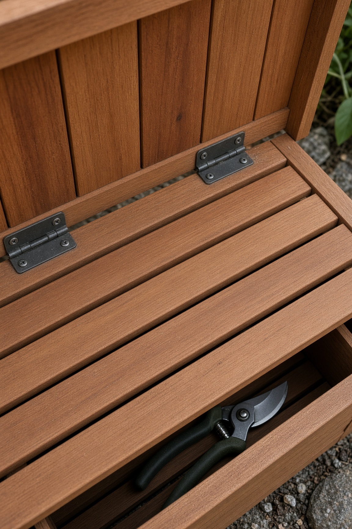 Open storage bench showing slatted interior with a pair of pruners inside