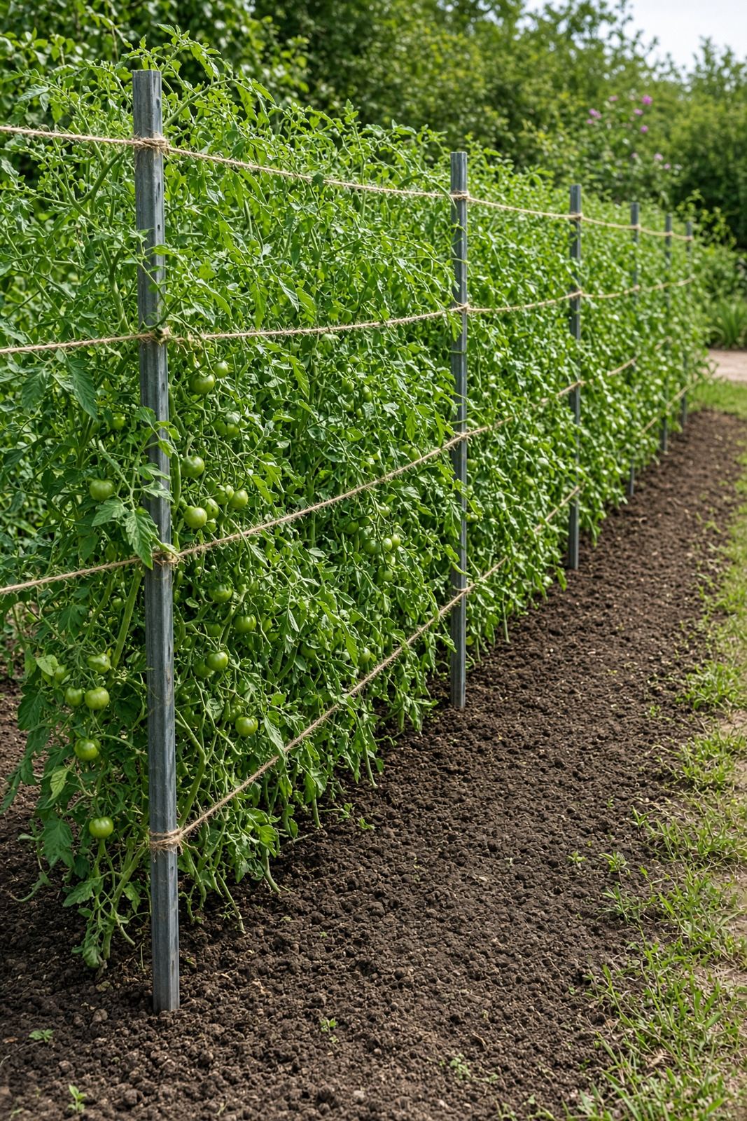Row of green tomatoes supported by T-posts and twine in a Florida weave