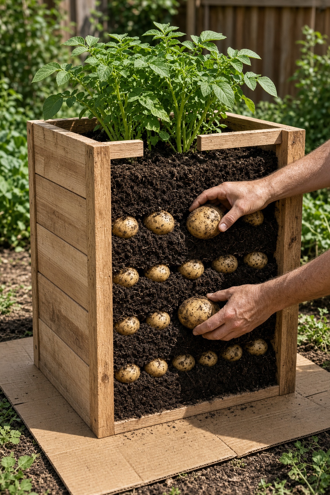 Hands harvesting potatoes from the removable side of a wooden tower