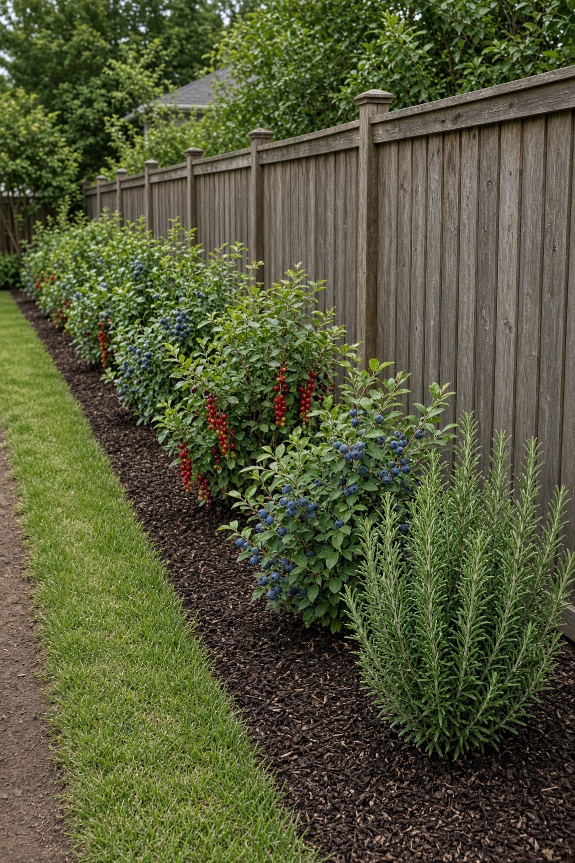 A long mixed edible hedge planted along a wooden fence with blueberries and other shrubs in mulch