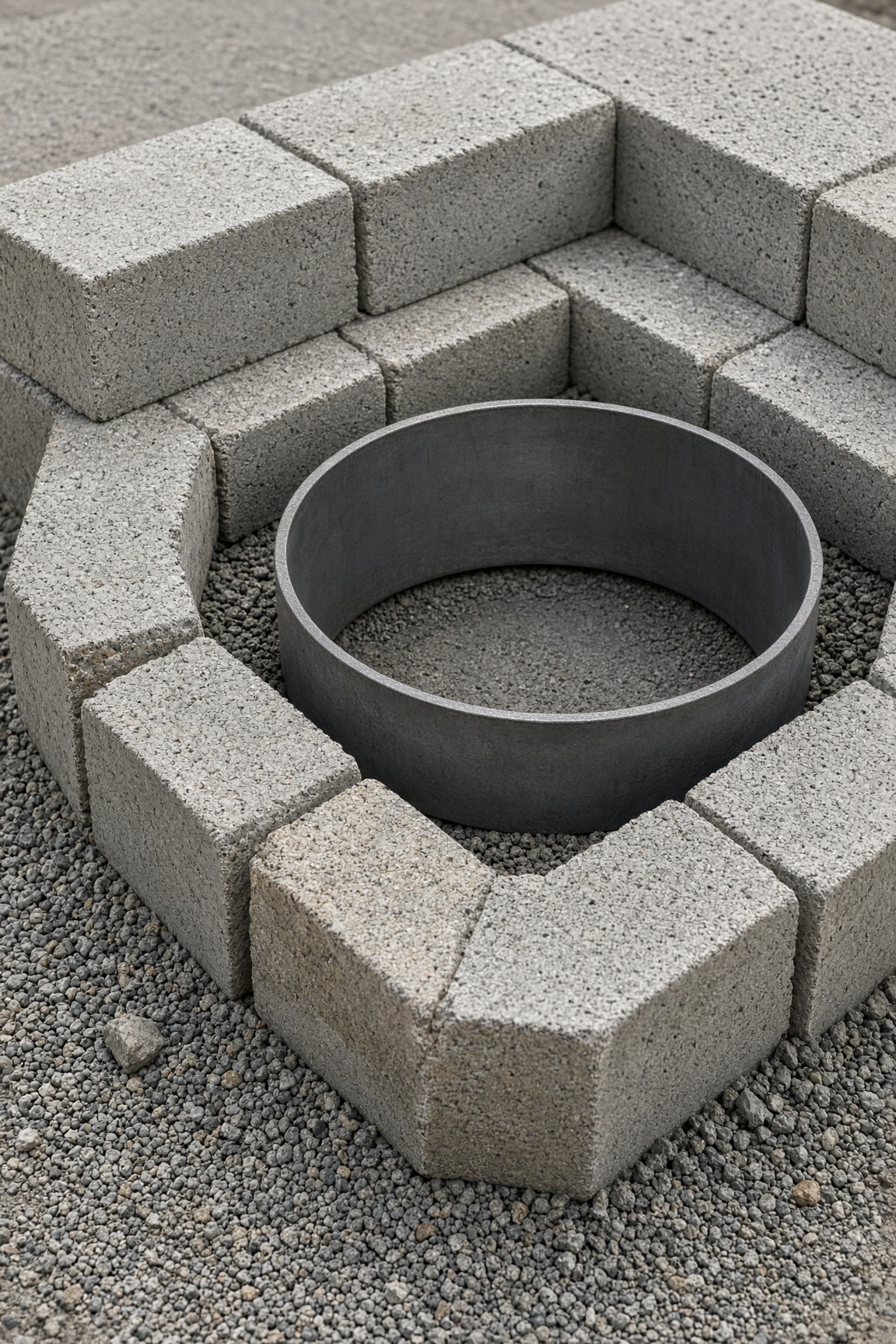 Close-up of a metal fire ring insert surrounded by concrete retaining-wall blocks