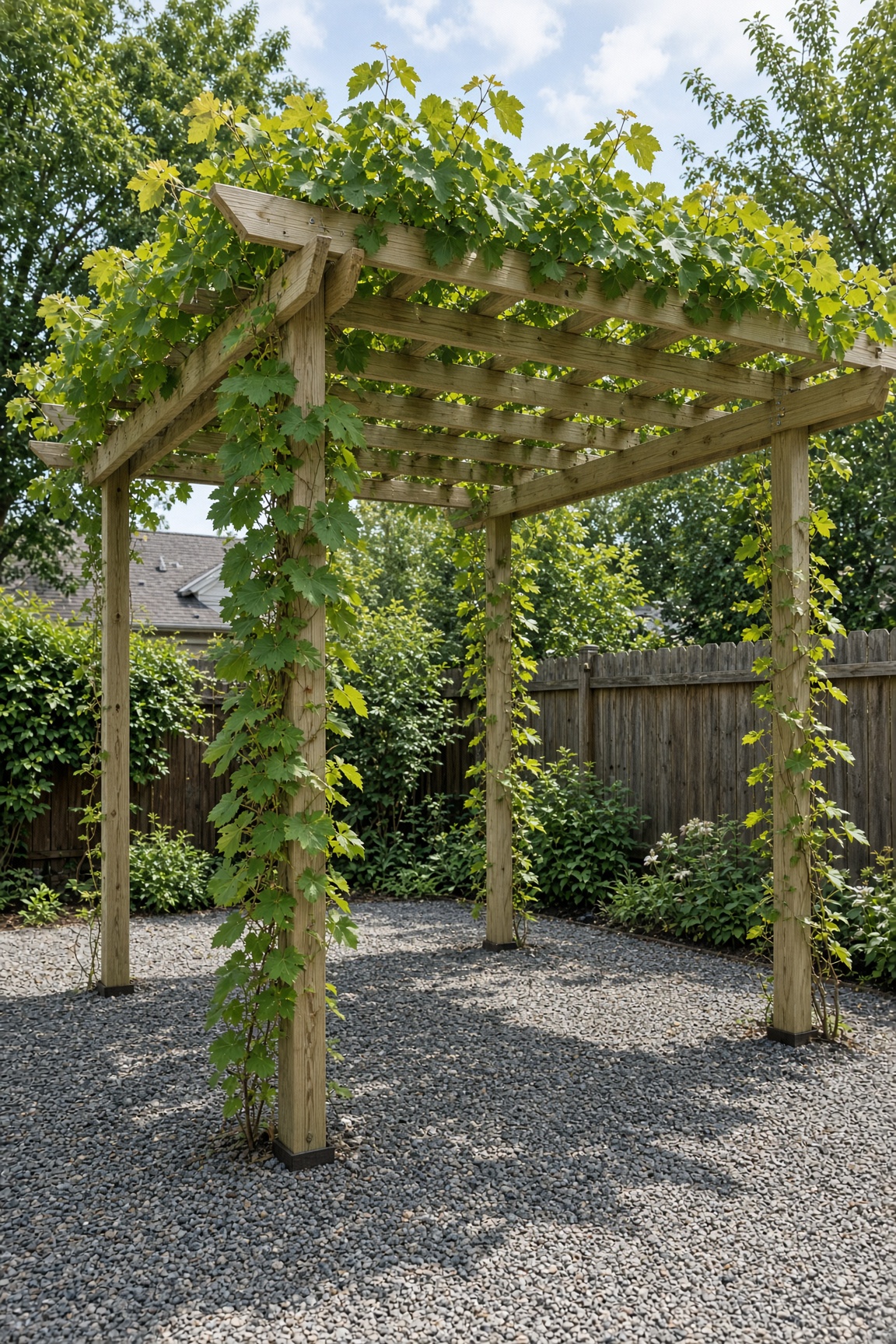 A wooden pergola over a gravel patio with grapevines trained up the posts and across the rafters