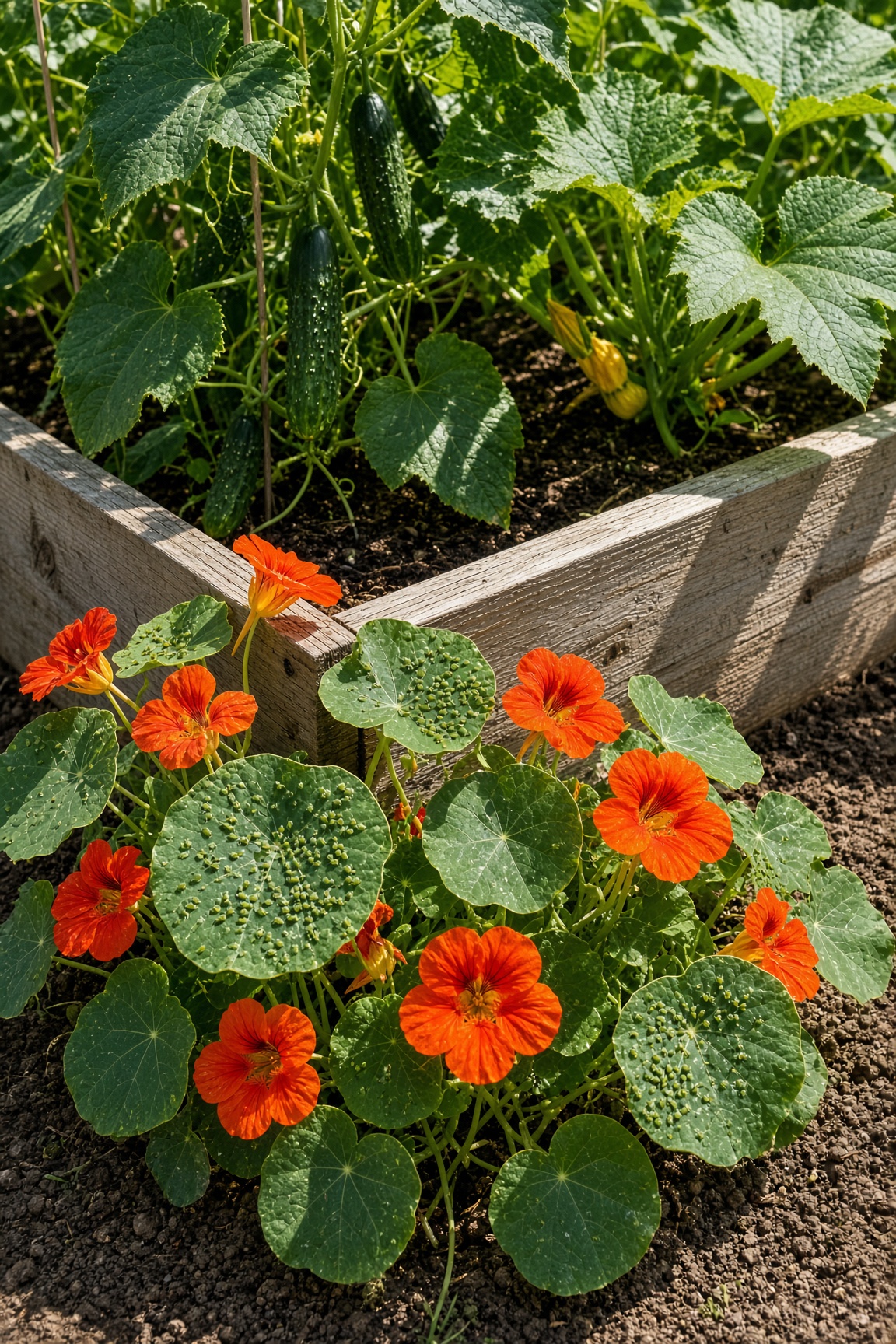 Nasturtiums and cucumbers growing together as a trap crop border