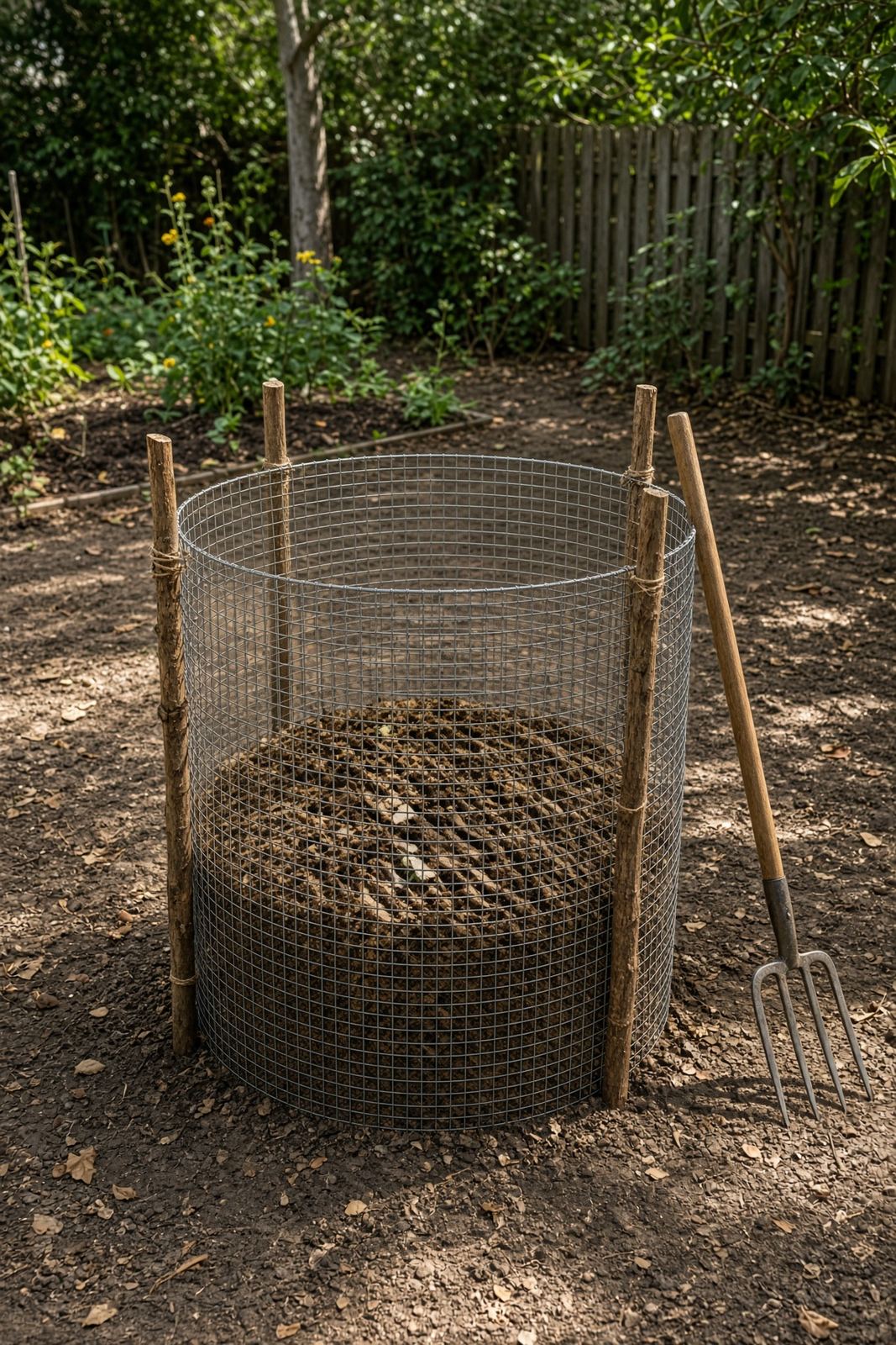 Wire mesh compost cylinder held upright with wooden stakes in a garden