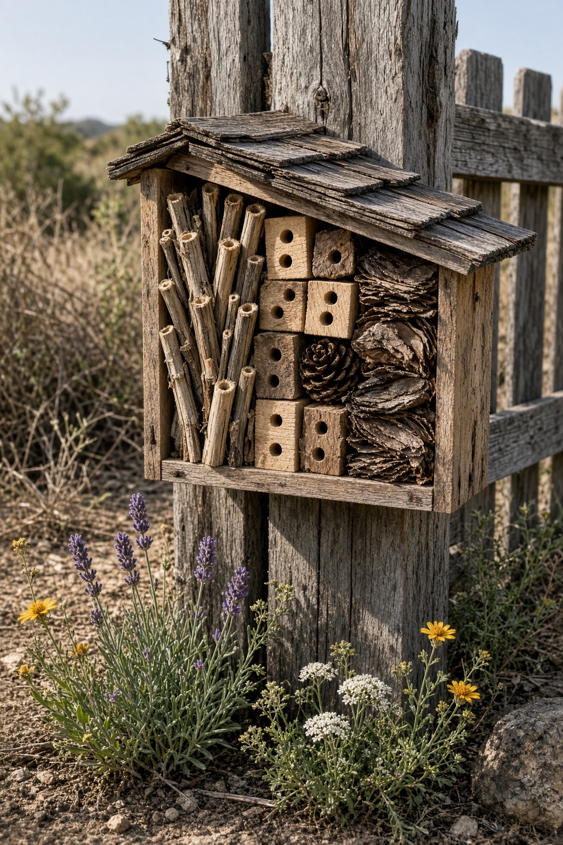 A rustic insect hotel made from scrap wood and filled with hollow stems, pine cones, and bark, mounted on a weathered fence post