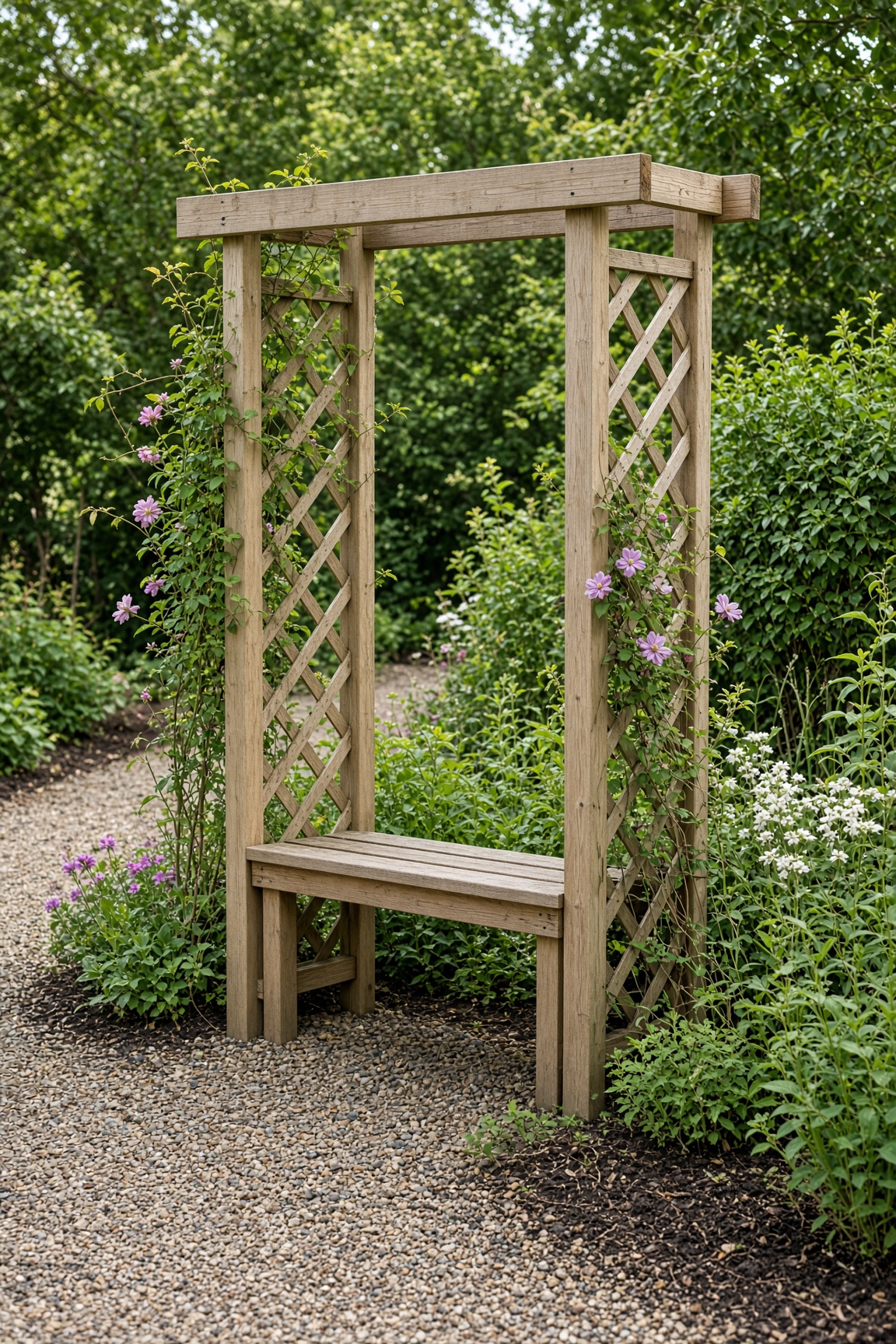 A wooden garden arbor with bench and lattice sides in a garden path