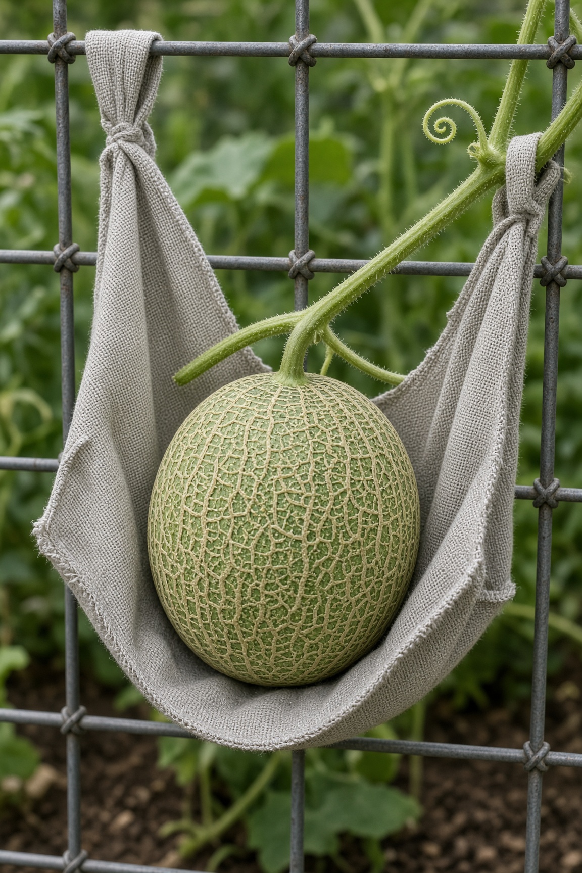 Close-up of a small cantaloupe supported by a linen sling tied to a wire panel