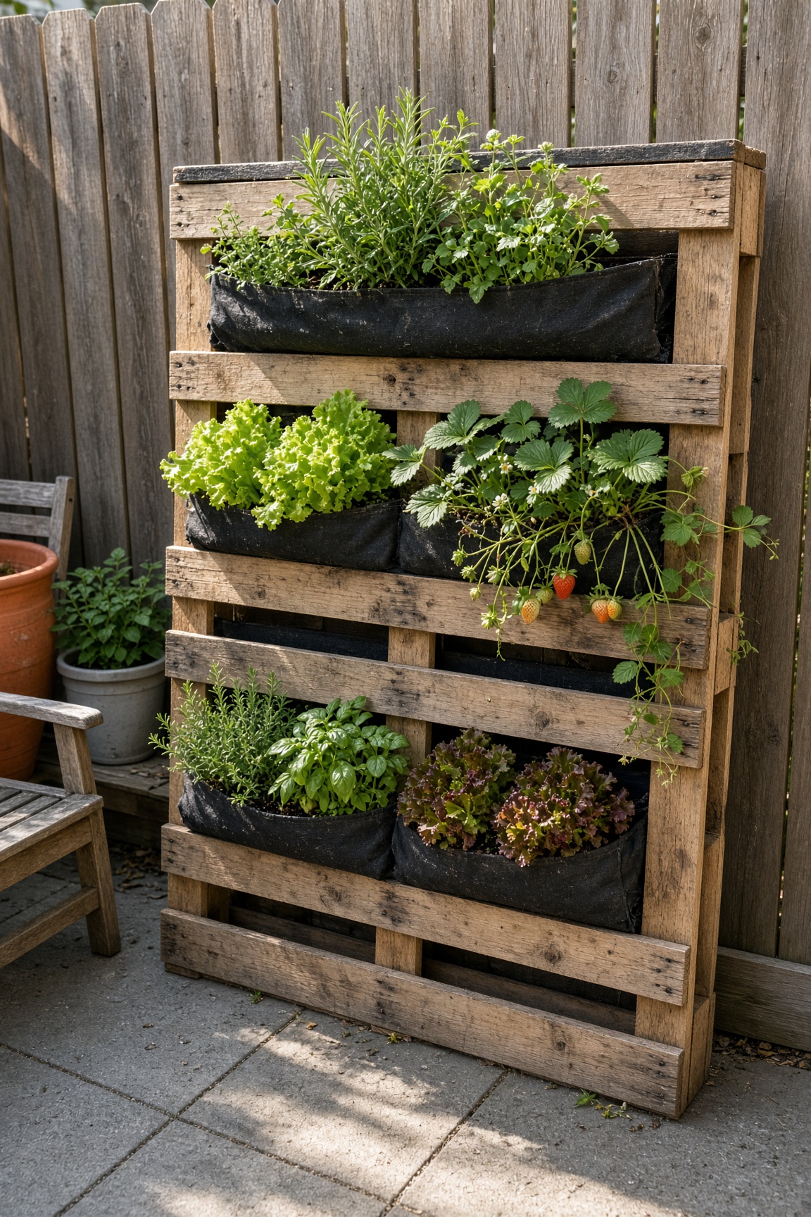 A pallet vertical garden leaning against a wooden fence with lettuce and strawberries