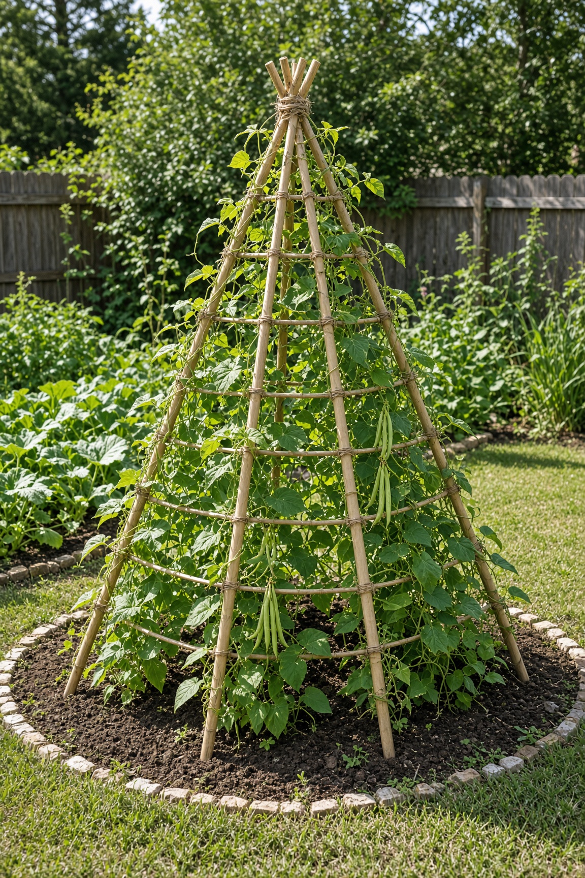 A full bean teepee covered in climbing pole beans in a backyard garden