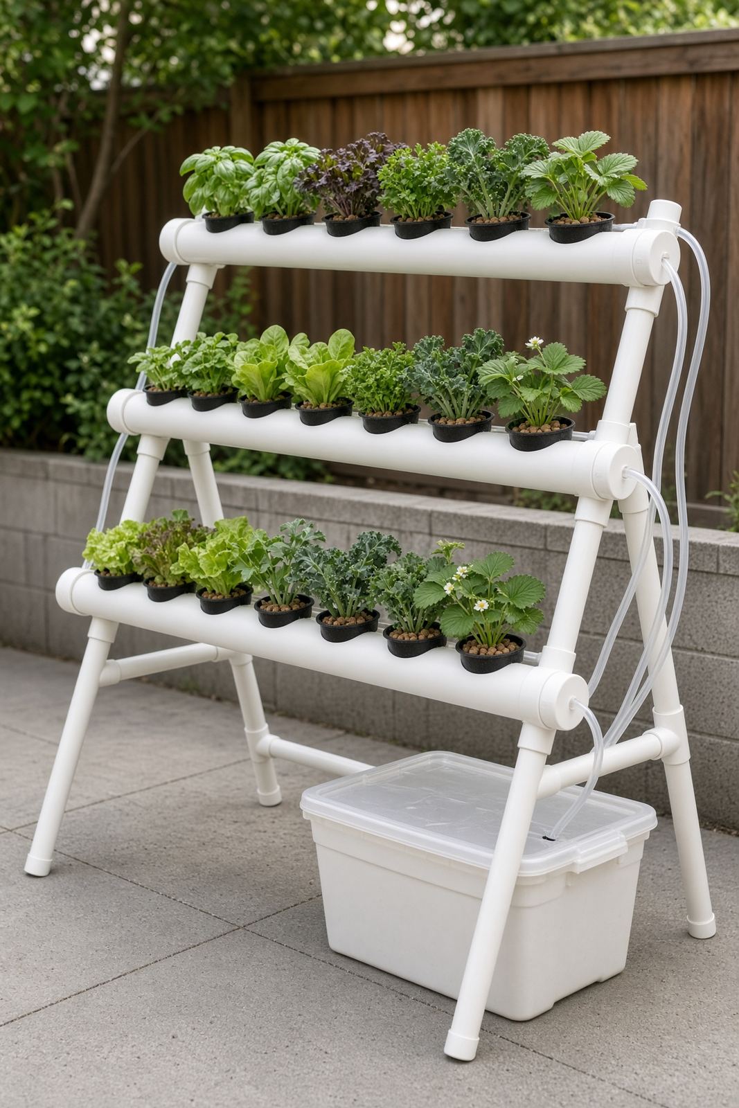 White PVC NFT A-frame system with a white lidded reservoir tote under the frame, growing herbs and leafy greens