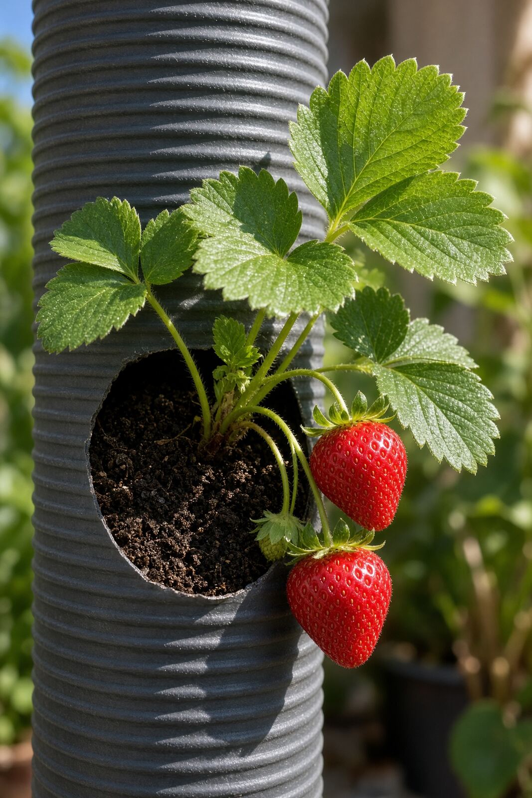 Strawberry plant with ripe red berries growing from a pocket in a tall gray vertical tower