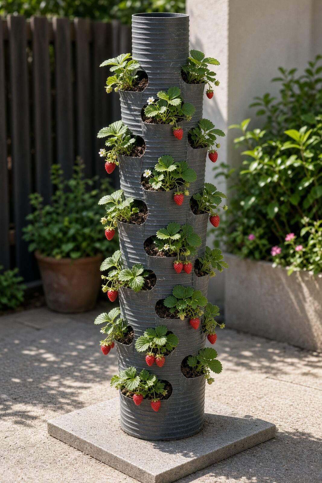 A tall vertical strawberry tower covered in strawberry plants and red berries on a patio paver base
