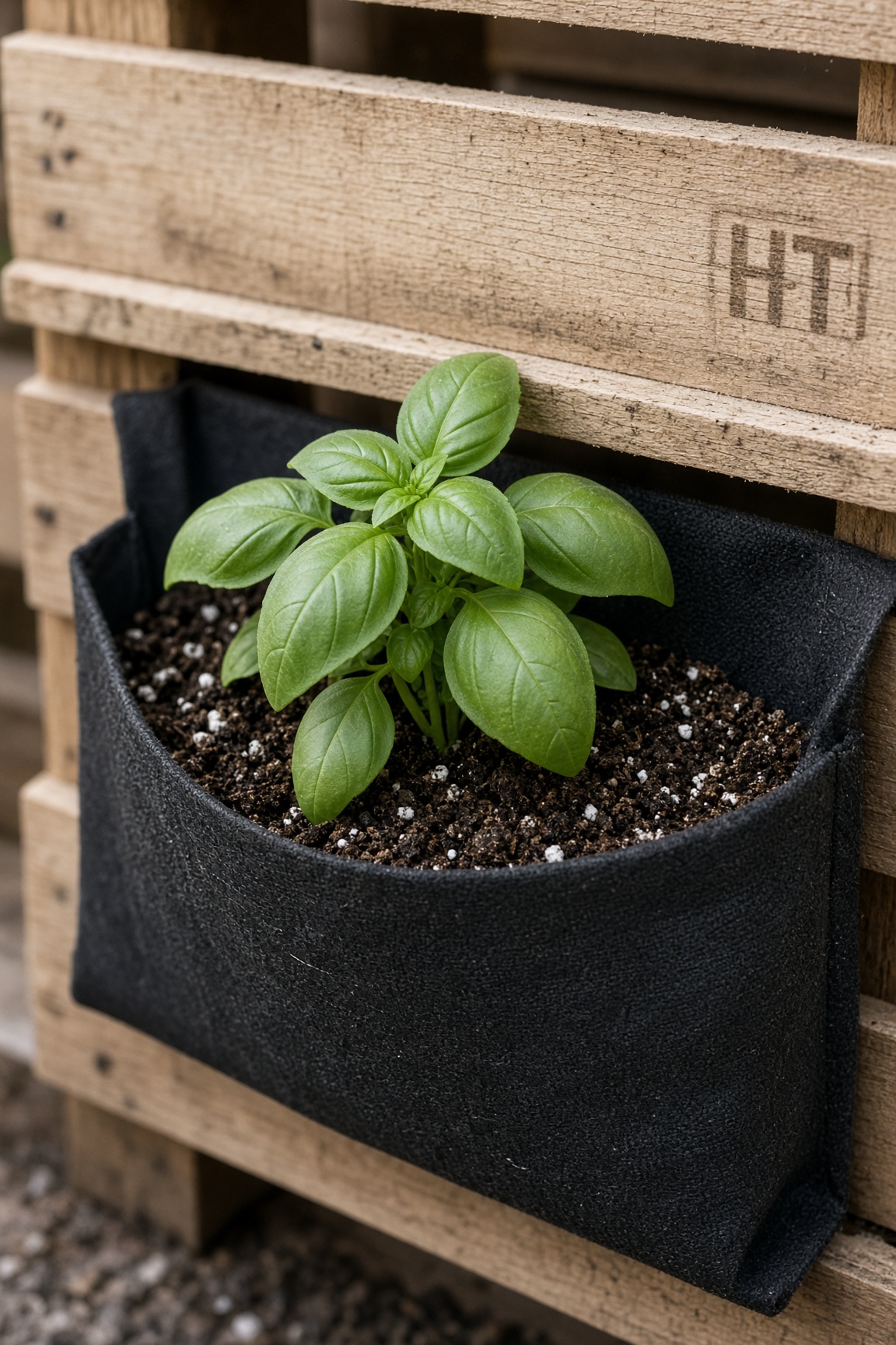 Basil growing in a fabric pocket on a heat-treated pallet
