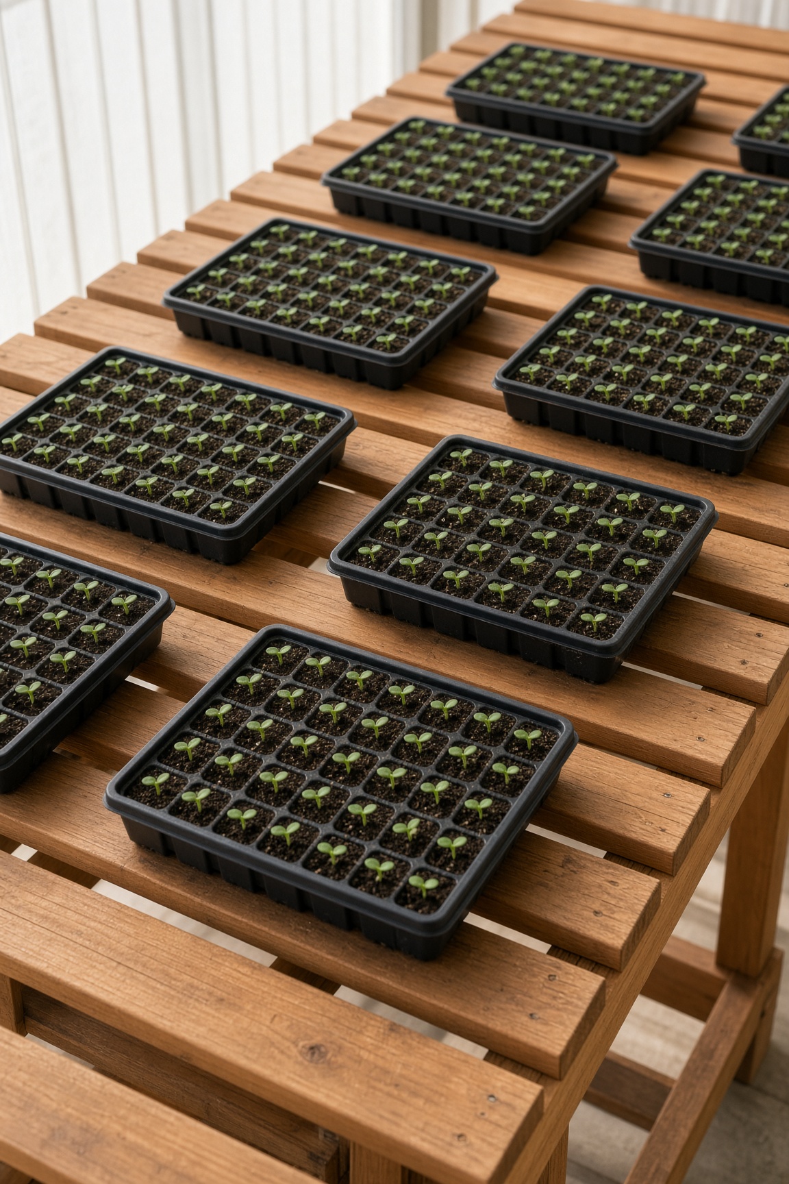 Black seedling trays filled with young seedlings resting on a slatted wooden bench
