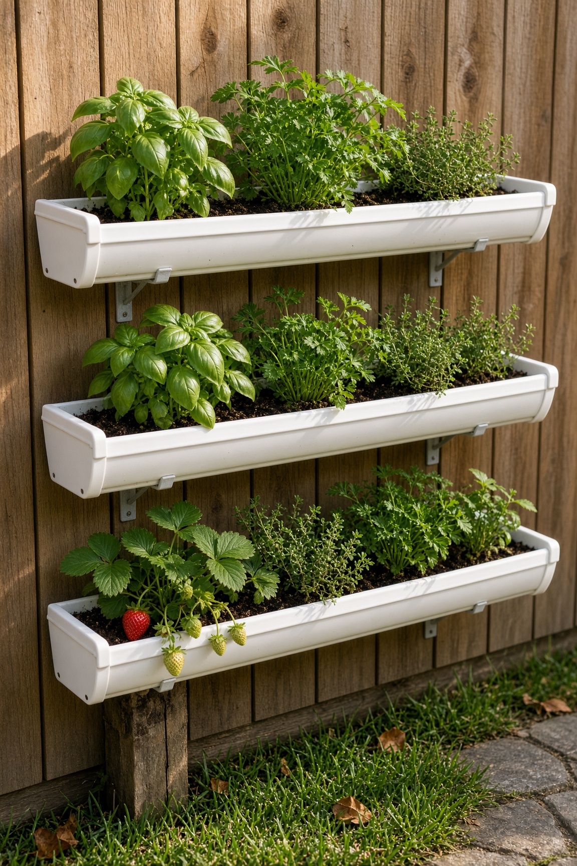 Three white vinyl gutters mounted on a wooden fence, planted with basil, parsley, thyme, and strawberries